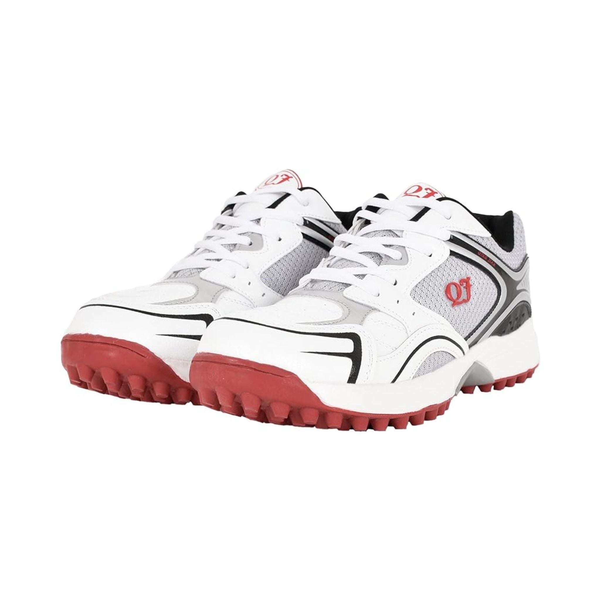 Men’s White and Red Studded Cricket Sports Shoes – Breathable Mesh, Lace-Up Comfort, and All-Day Performance