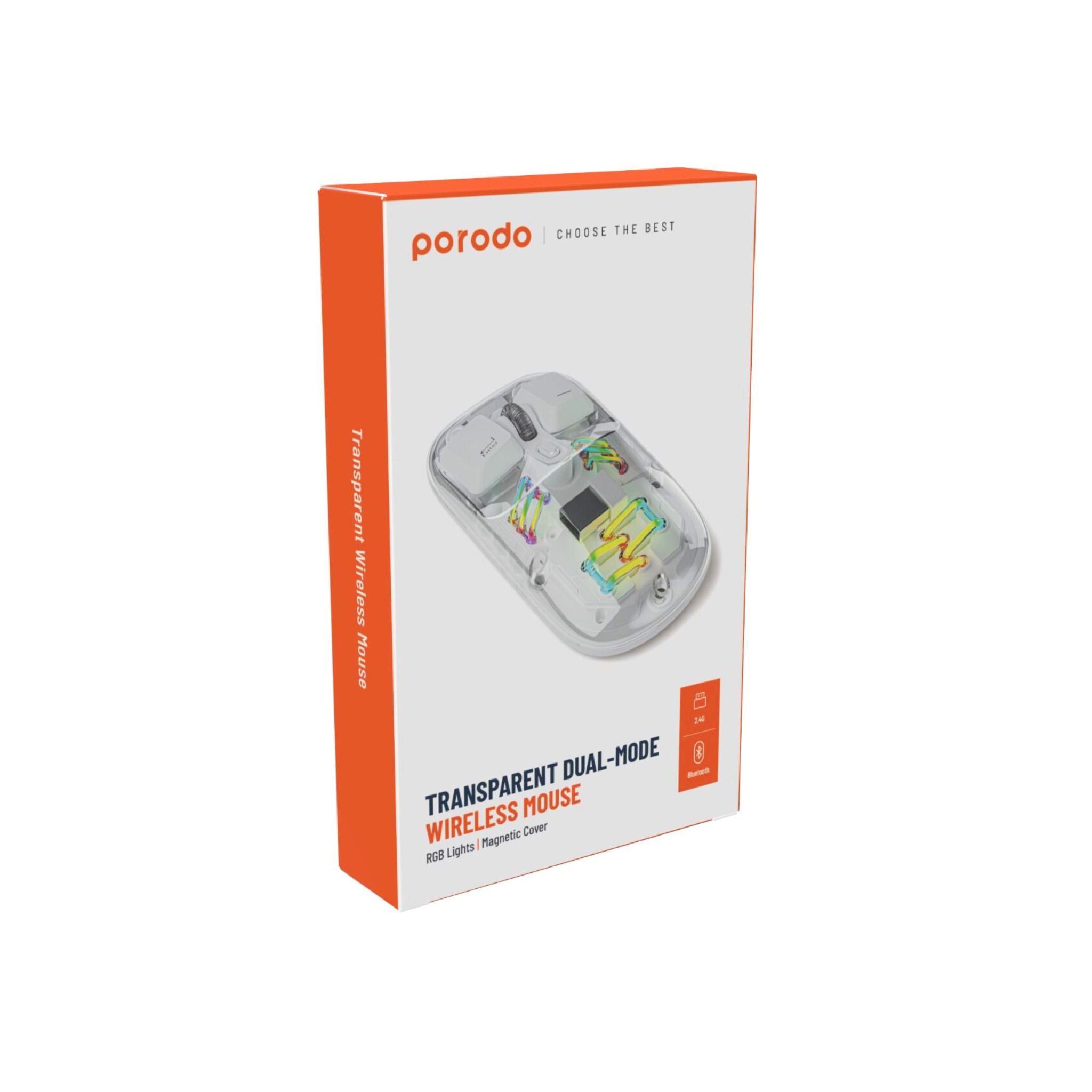 Porodo Transparent Dual-Mode Wireless Mouse with Adjustable DPI Up to 1600, RGB Lights, 400mAh Battery Capacity, Wireless 2.4 GHz & Bluetooth Connections - White
