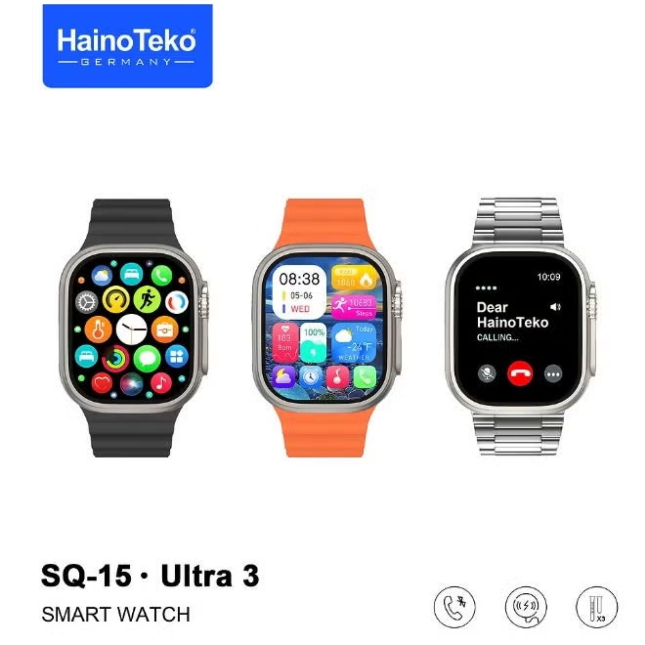 SQ-15 Ultra 3 Smart Watch, AMOLED Display, Bluetooth Calling, 3 Interchangeable Straps, Fitness & Activity Tracker, Heart Rate & Sleep Monitoring, Notifications, Stylish Design, Charging Cable Included, Unisex - Black