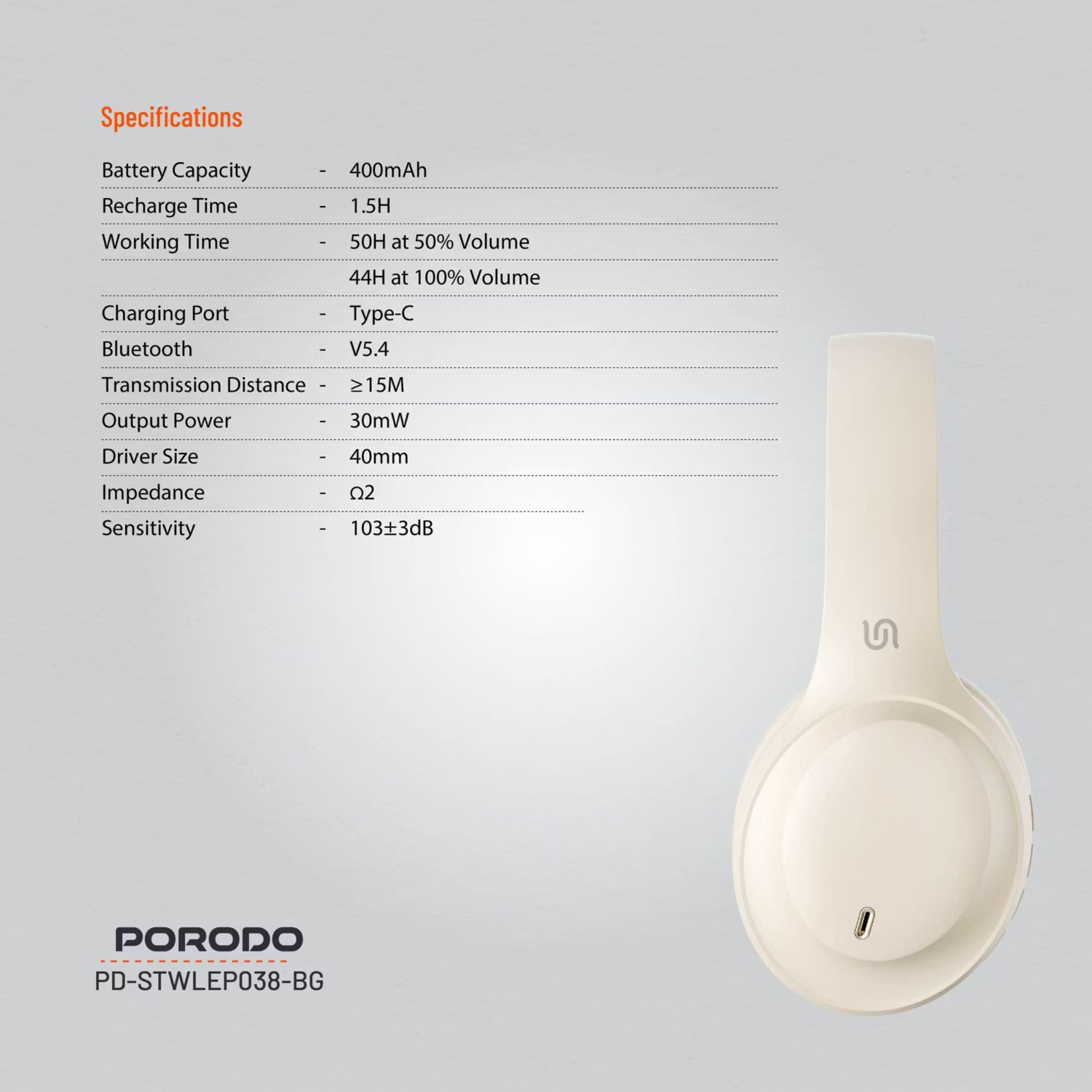 Porodo Soundtec Wireless Headphones with ENC & Low-Latency Gaming Mode, 400mAh Battery Capacity, 1.5 Hours Charging Time, 50 Hours Working Time, Type C Charging Port, Bluetooth Version 5.4, Voice Assistant - Beige