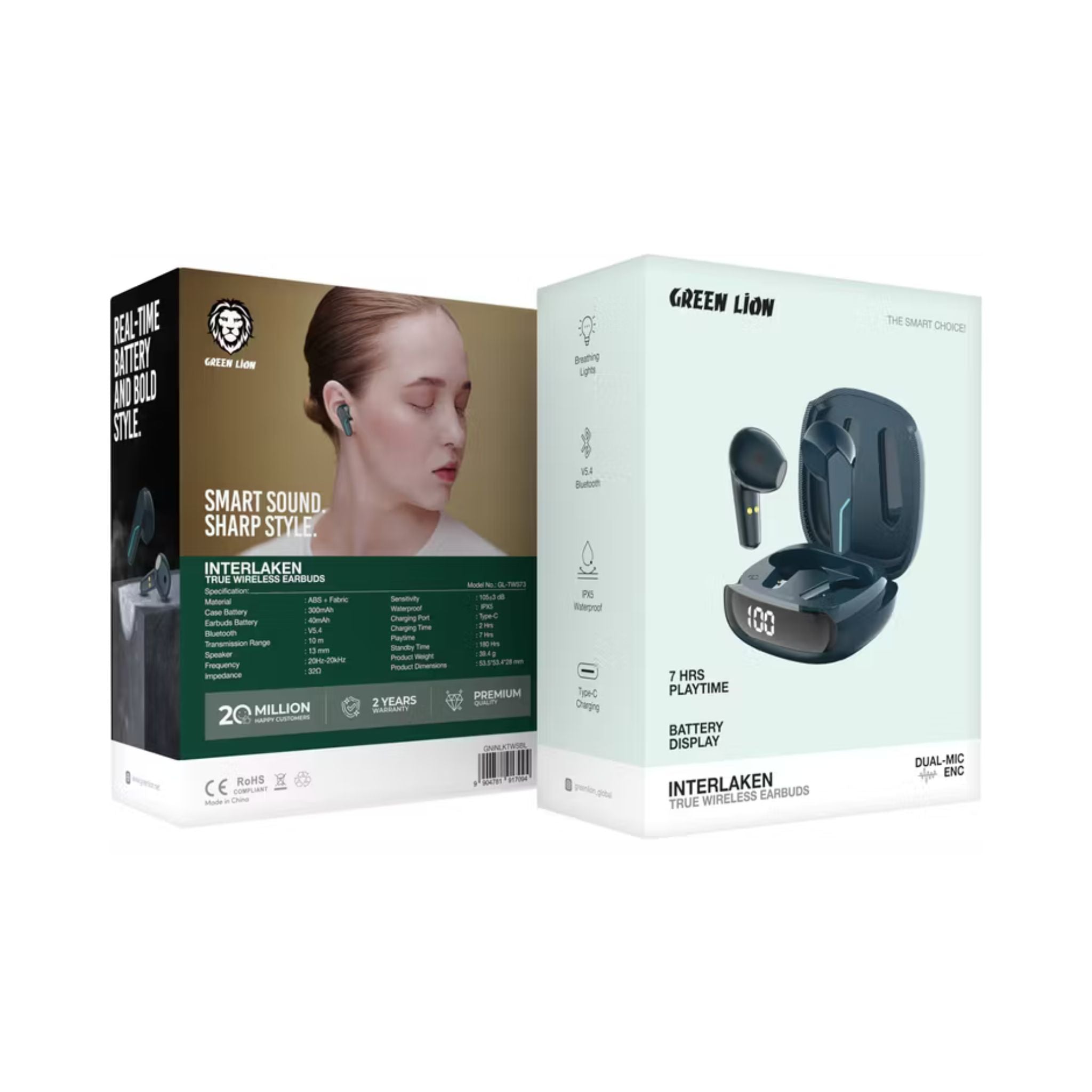 Green Lion Interlaken True Wireless Earbuds with Built-in Dual Microphones, 7 Hours Play Time, 13mm Speaker Size, 300mAh Case & 40mAh Earbuds Battery, 180 Hours Standby Time, Battery Display, Breathing Lights