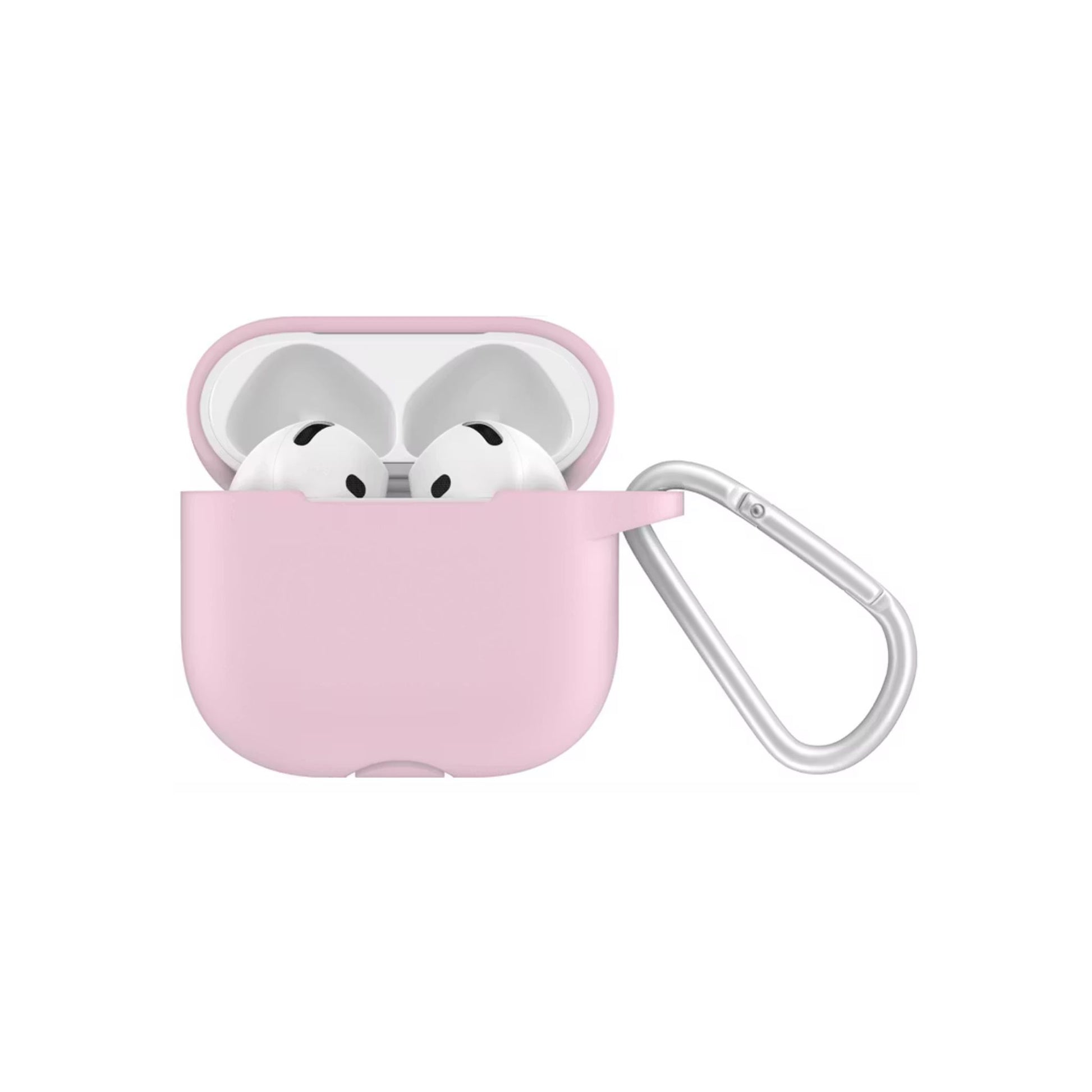 Pink airpod case with a carabiner on a white background