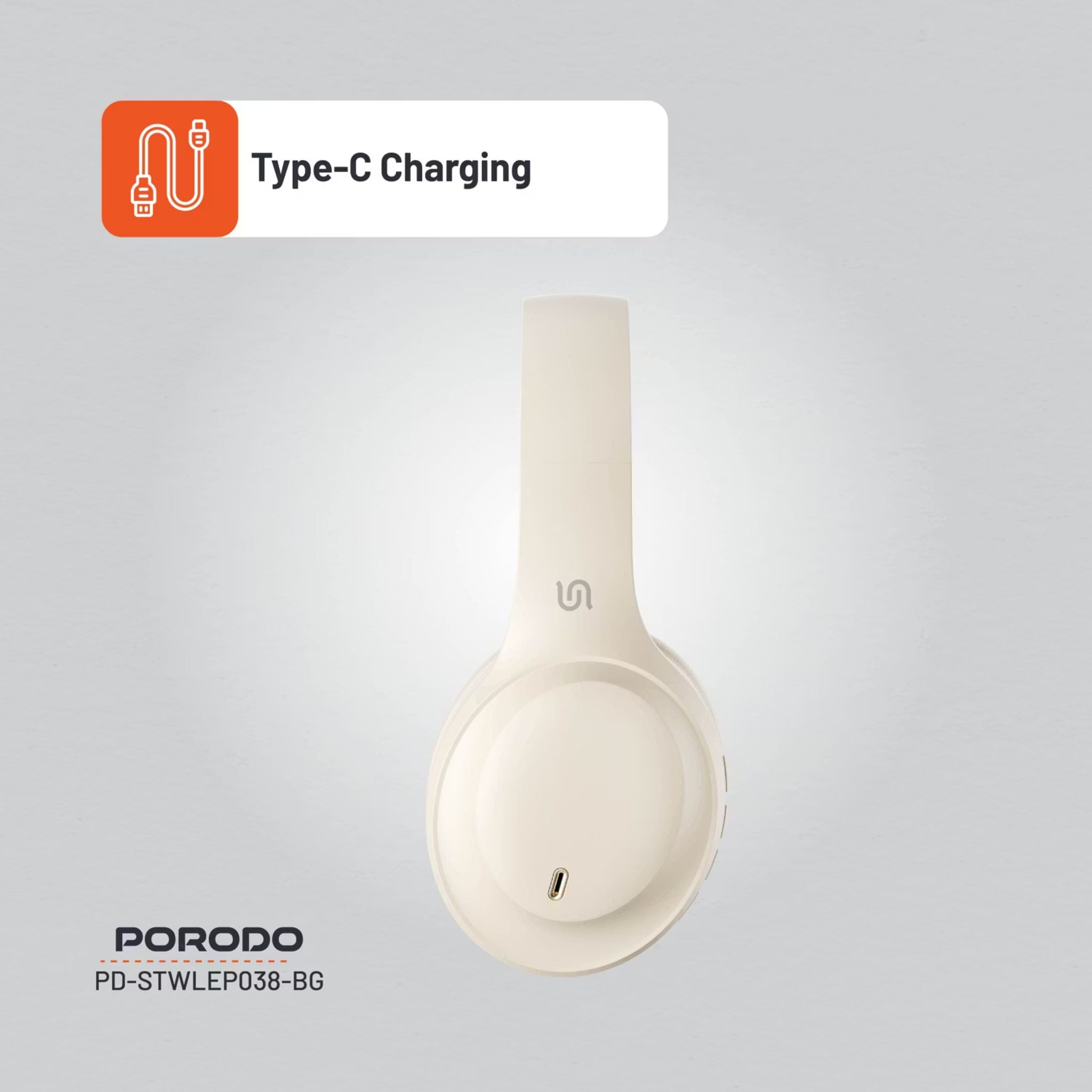Porodo Soundtec Wireless Headphones with ENC & Low-Latency Gaming Mode, 400mAh Battery Capacity, 1.5 Hours Charging Time, 50 Hours Working Time, Type C Charging Port, Bluetooth Version 5.4, Voice Assistant - Beige