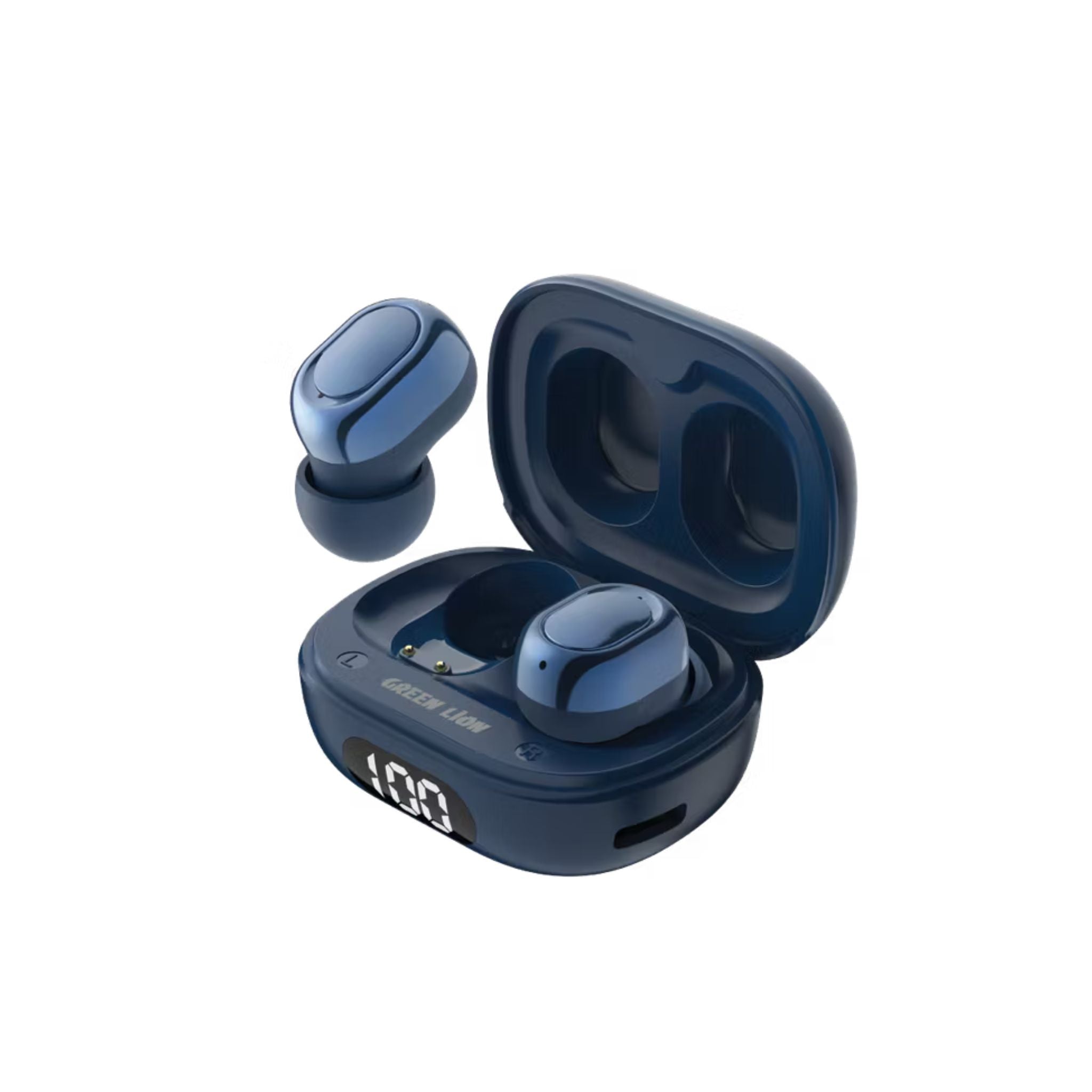 Blue wireless earbuds with charging case on a white background
