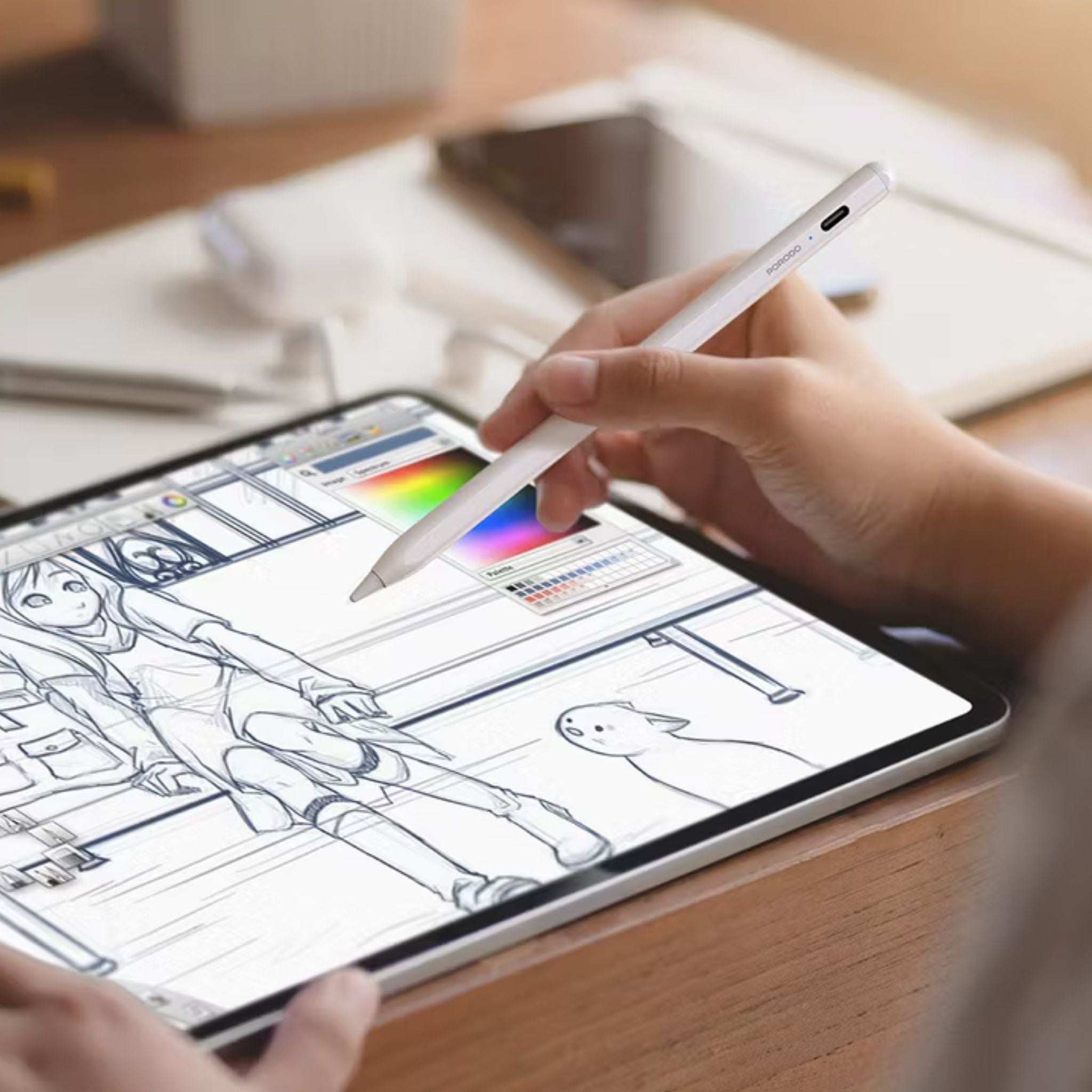 Porodo Universal Pencil For Mobile and Tablet with 1.5mm Tip, 30 Days Standby Time, 8 to 10 Hours Working Time, 1.5 Hours Charging Time, 140mAh Battery Capacity - White