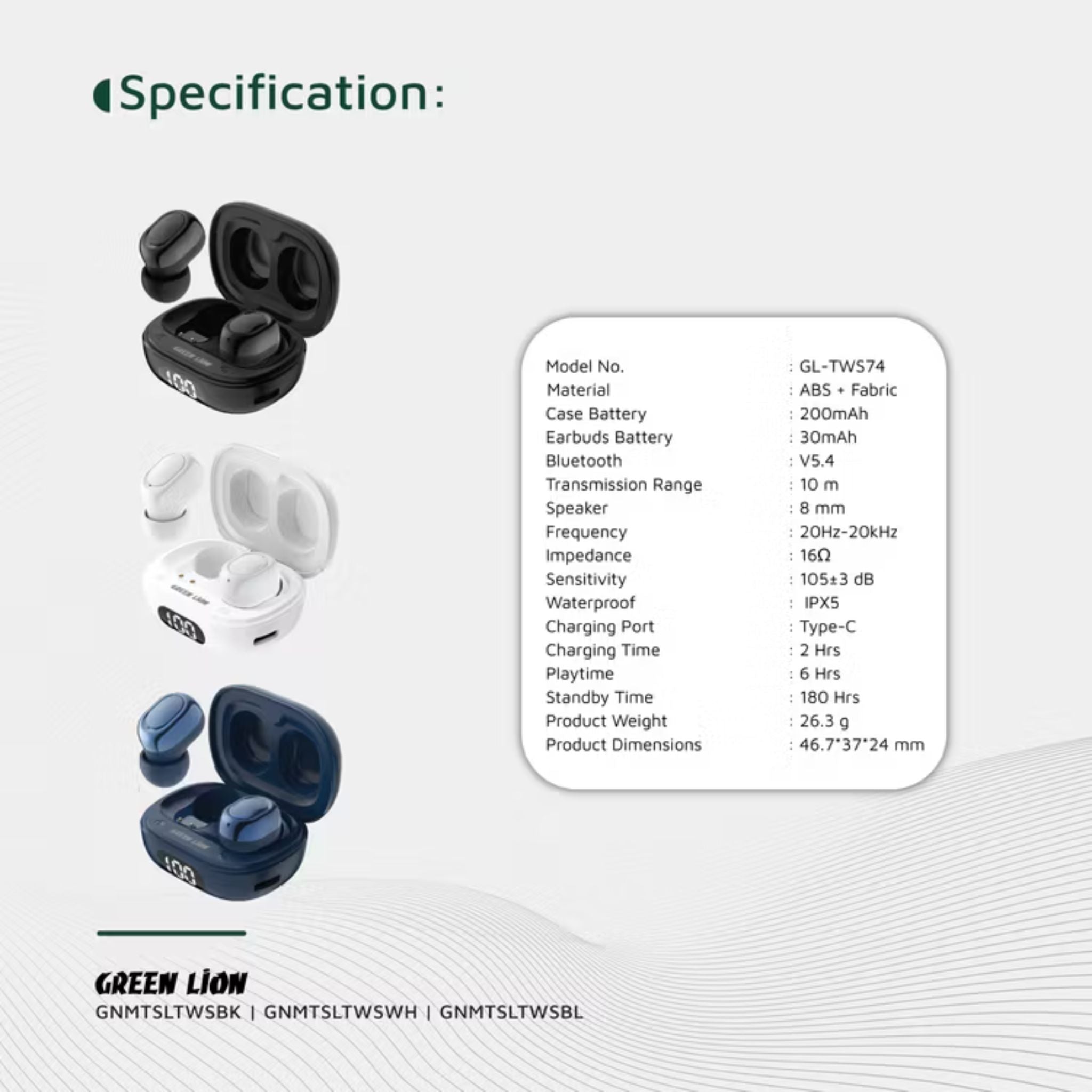 Green Lion Mittersill True Wireless Earbuds with ENC, Up to 6 Hours Playtime, IPX5 Waterproof Resistance Level, Bluetooth Version 5.4, Up to 10m Transmission Range, Type-C Charging Port, Dual-Microphone, Strap Included