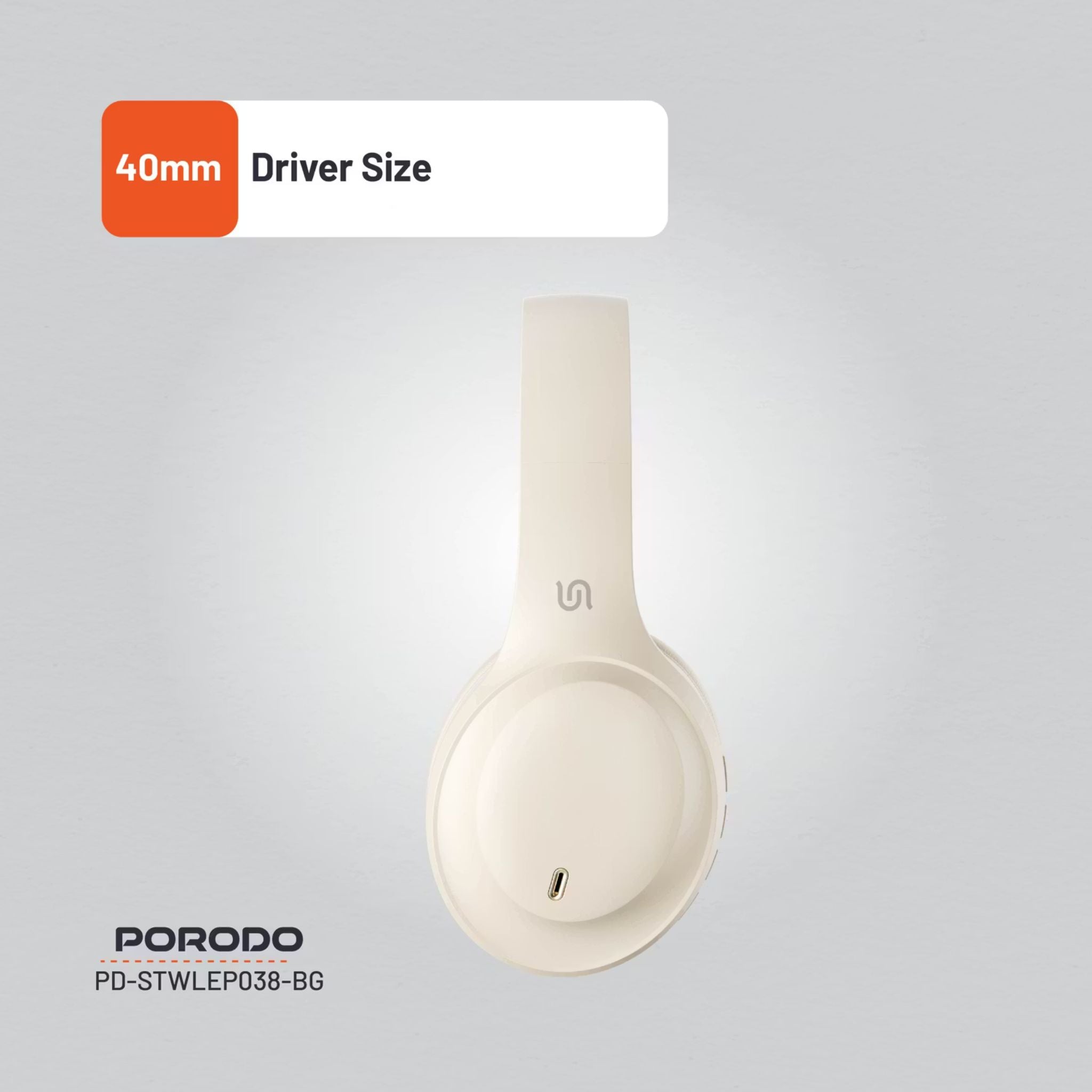 Porodo Soundtec Wireless Headphones with ENC & Low-Latency Gaming Mode, 400mAh Battery Capacity, 1.5 Hours Charging Time, 50 Hours Working Time, Type C Charging Port, Bluetooth Version 5.4, Voice Assistant - Beige