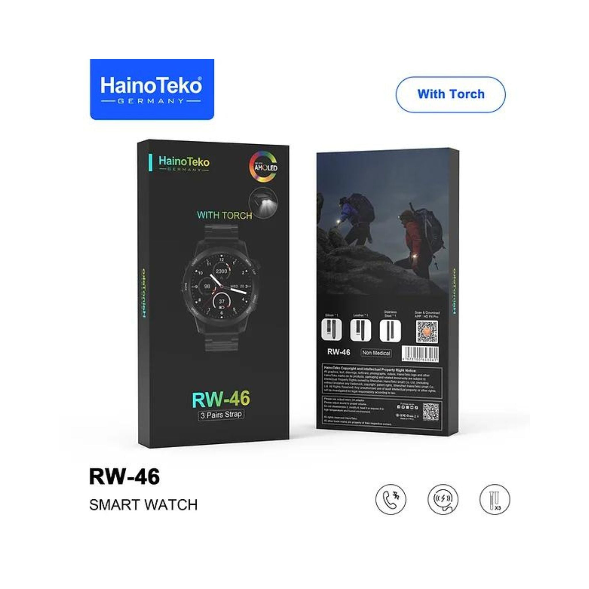Haino Teko Germany RW-46 Amolded Display_3 Pairs Strap(Silicone,Leather,Stainless Steel-Black