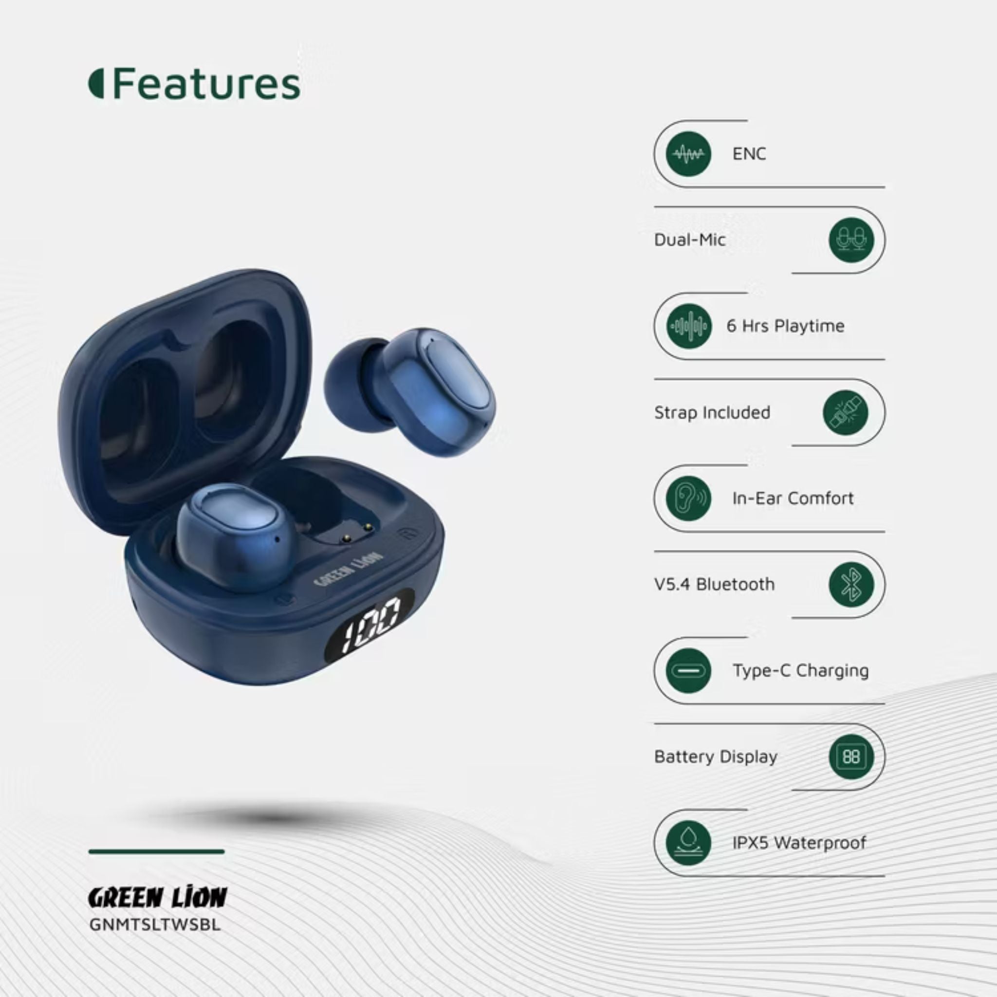 Green Lion Mittersill True Wireless Earbuds with ENC, Up to 6 Hours Playtime, IPX5 Waterproof Resistance Level, Bluetooth Version 5.4, Up to 10m Transmission Range, Type-C Charging Port, Dual-Microphone, Strap Included