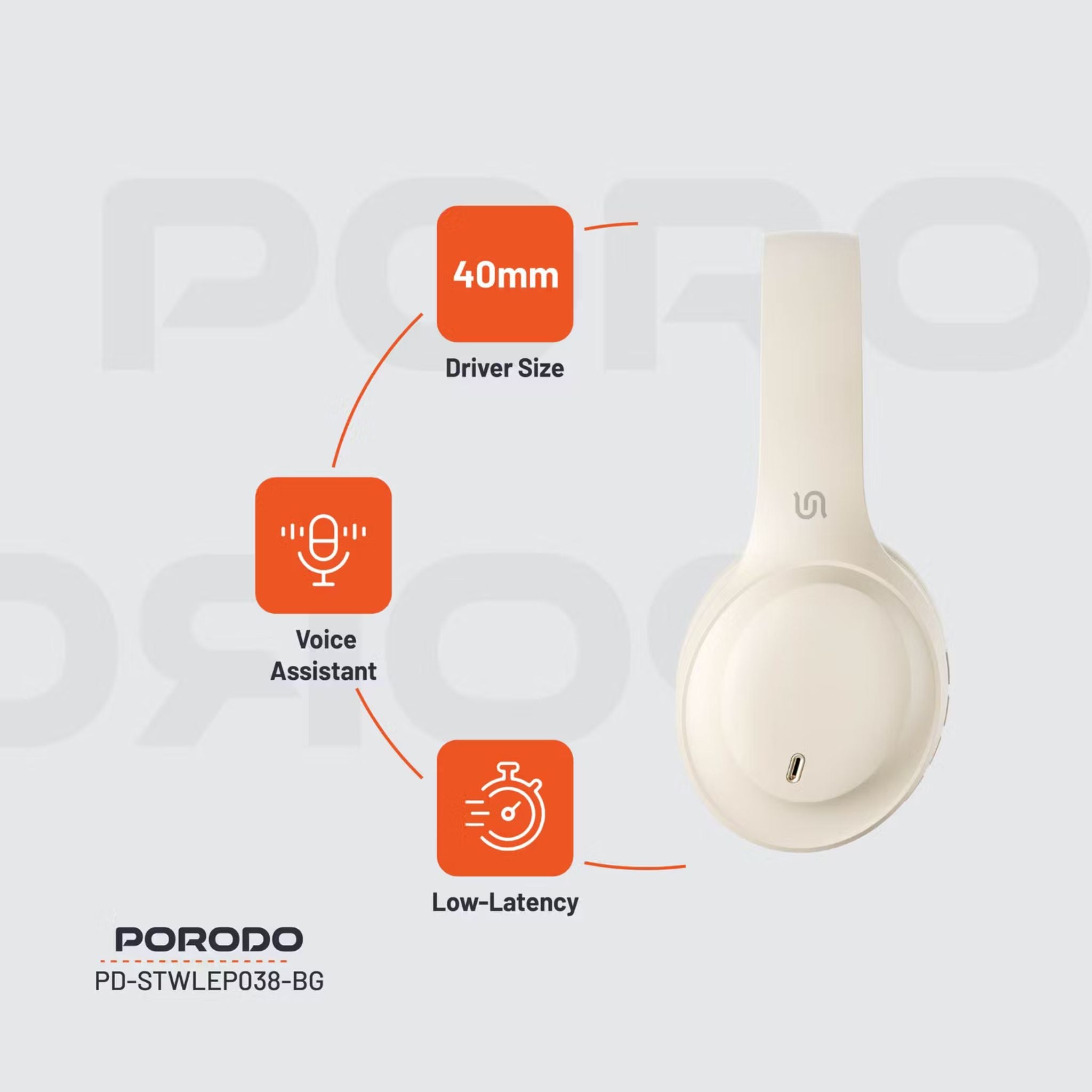 Porodo Soundtec Wireless Headphones with ENC & Low-Latency Gaming Mode, 400mAh Battery Capacity, 1.5 Hours Charging Time, 50 Hours Working Time, Type C Charging Port, Bluetooth Version 5.4, Voice Assistant - Beige