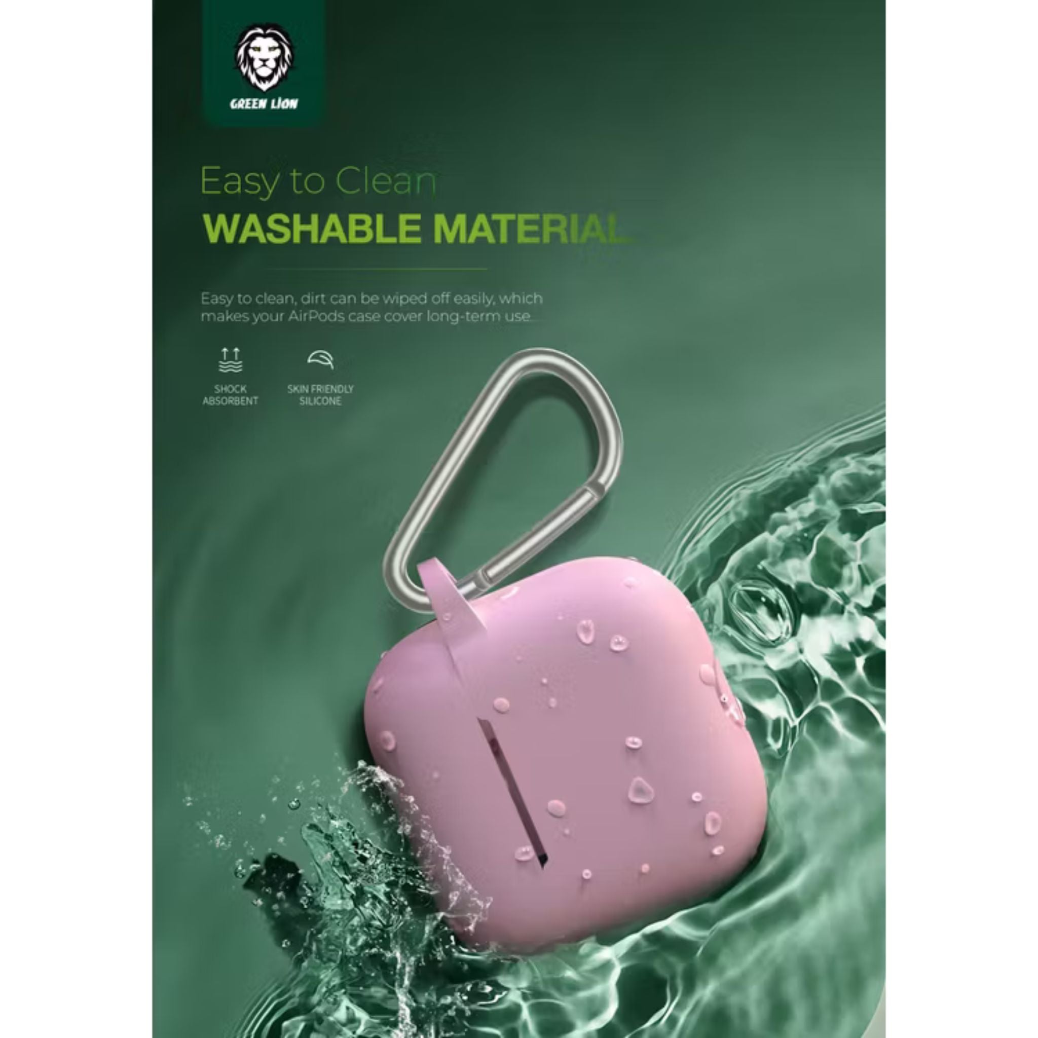 Green Lion Berlin Series Silicone Case for Airpods 4, Metal Carabiner, 360° Full Protection, Shock Absorbent, Skin Friendly Silicone, Washable Material - Pink