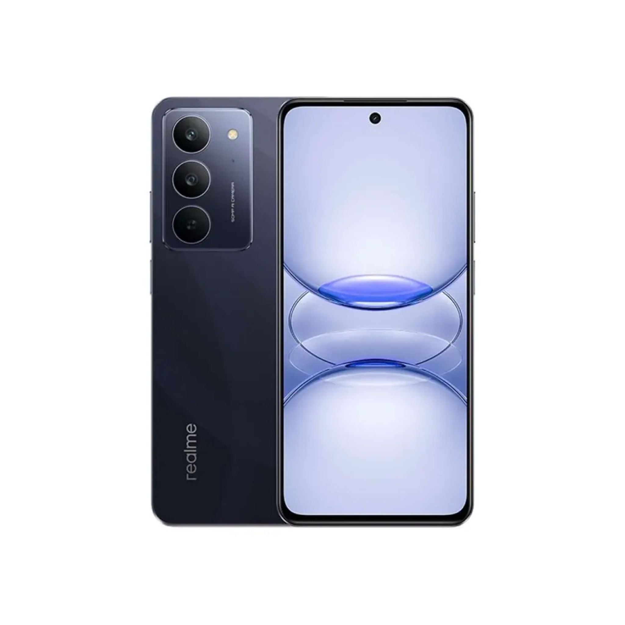Realme smartphone showing back and front views on a white background