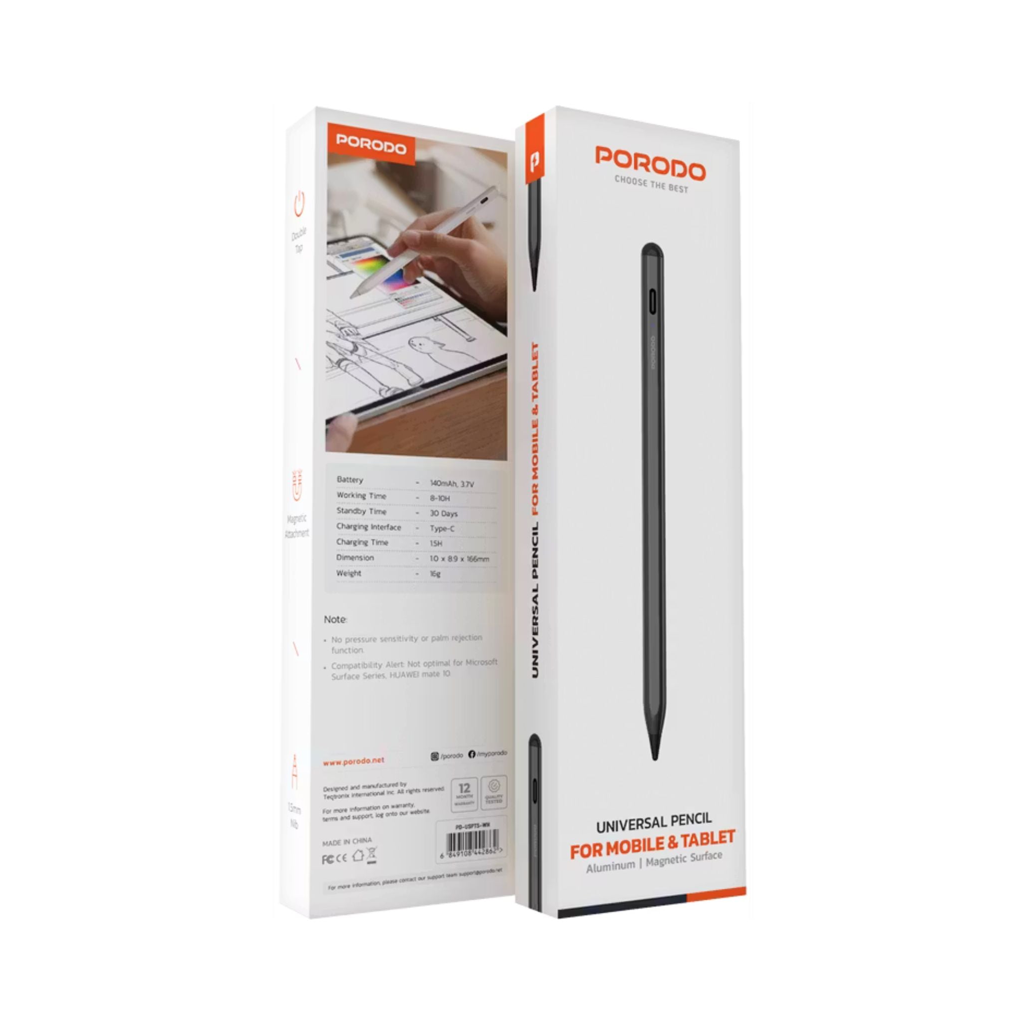 Porodo Universal Pencil For Mobile and Tablet with 1.5mm Tip, 30 Days Standby Time, 8 to 10 Hours Working Time, 1.5 Hours Charging Time, 140mAh Battery Capacity - White