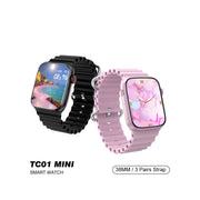 Two smart watches, one with a black band and black case, the other with a pink band and black case, both displaying colorful watch faces.