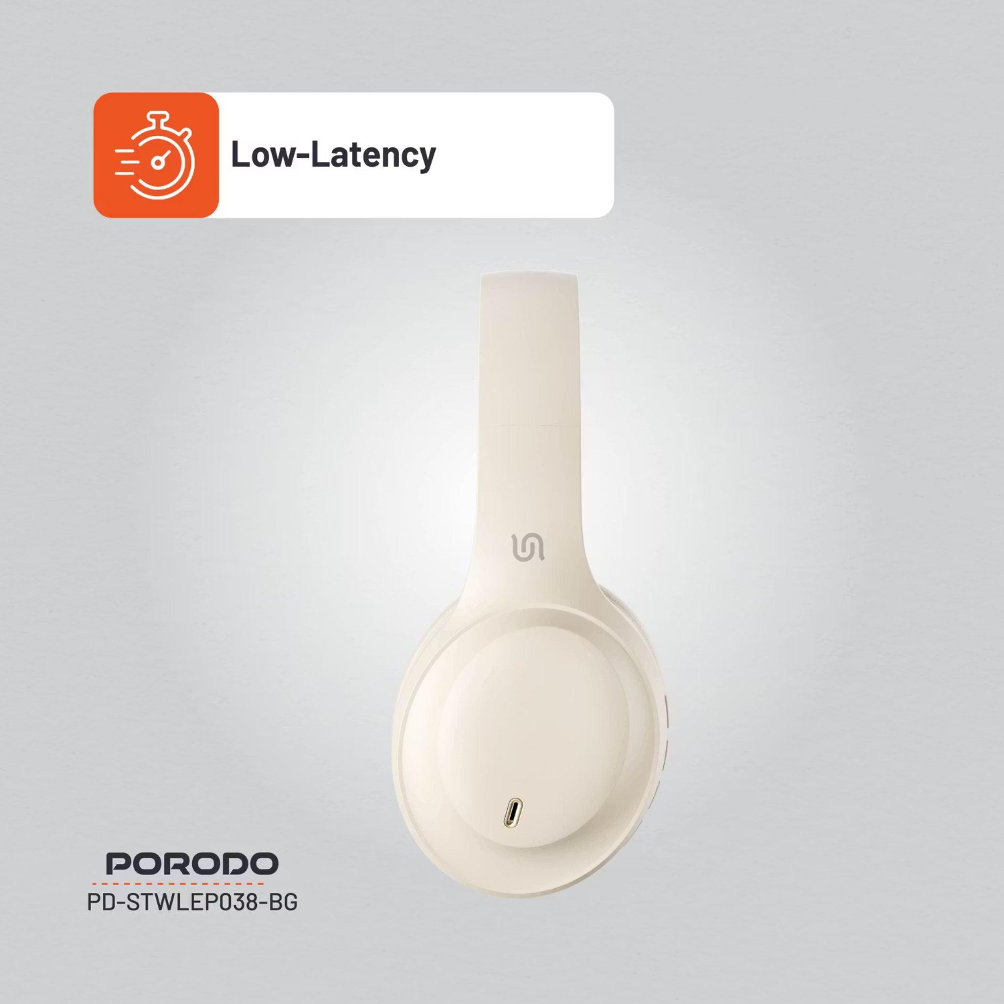 Porodo Soundtec Wireless Headphones with ENC & Low-Latency Gaming Mode, 400mAh Battery Capacity, 1.5 Hours Charging Time, 50 Hours Working Time, Type C Charging Port, Bluetooth Version 5.4, Voice Assistant - Beige