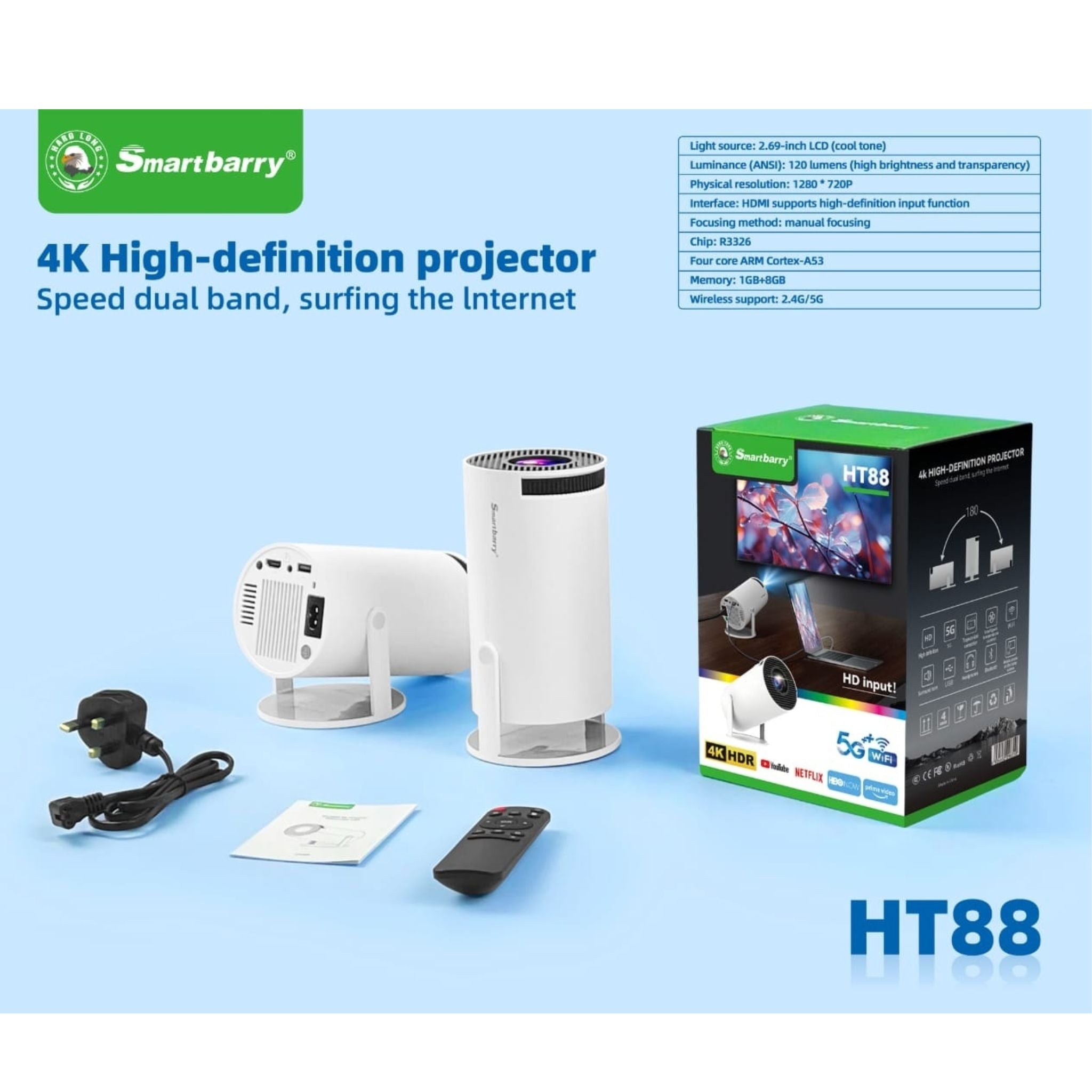 Smartbarry HT88 4K 1080P Mini Projector with WiFi & Bluetooth Portable Premium Android OS Projector, 210° Rotatable Stand, Dust Removal & Heat Dissipation Design for Home Theater, Office, Gaming and Business