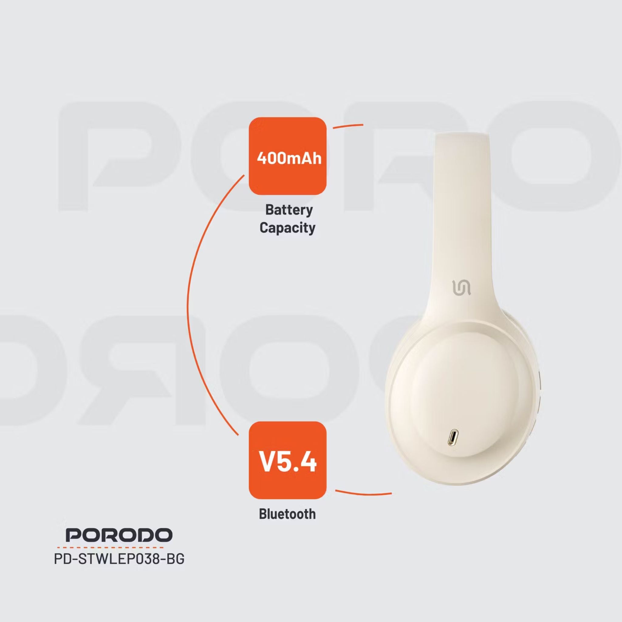 Porodo Soundtec Wireless Headphones with ENC & Low-Latency Gaming Mode, 400mAh Battery Capacity, 1.5 Hours Charging Time, 50 Hours Working Time, Type C Charging Port, Bluetooth Version 5.4, Voice Assistant - Beige