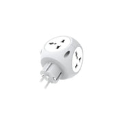 A white Green Lion Multiport Travel Adapter with four sockets and three USB ports.