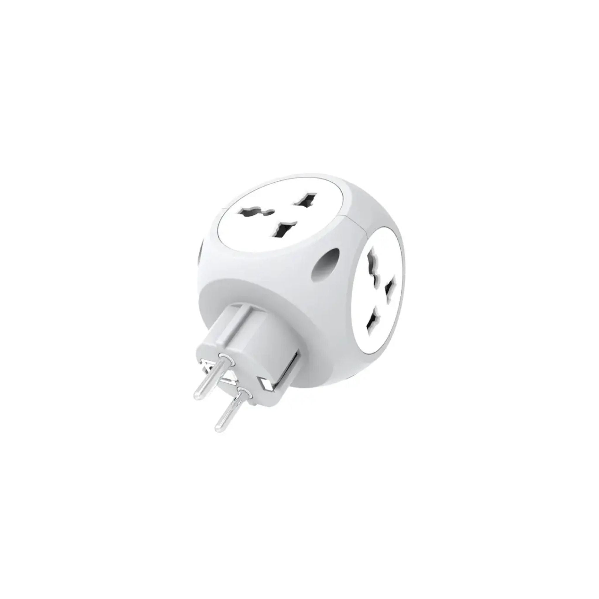 A white Green Lion Multiport Travel Adapter with four sockets and three USB ports.