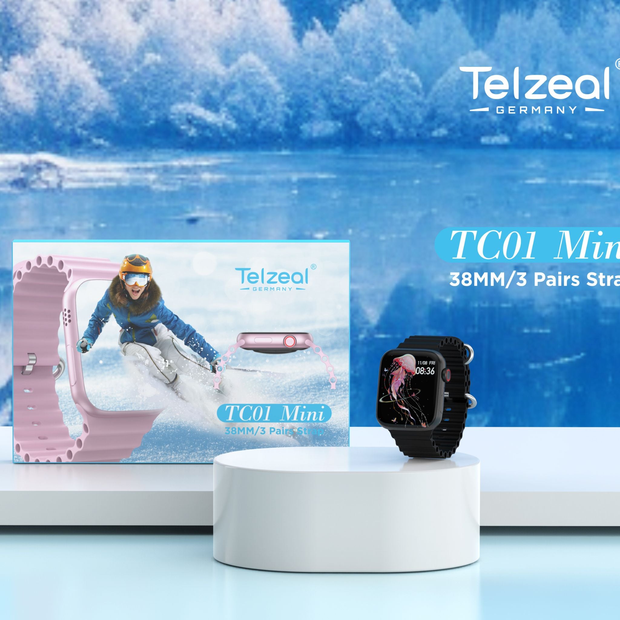 Telzeal Germany TC01 Mini Smart Watch with 38mm HD Touch Display, Includes 3 Interchangeable Straps, Bluetooth Calling, Health Monitoring, Notifications, Sports Modes, Stylish Compact Design, Long Battery Life – Black