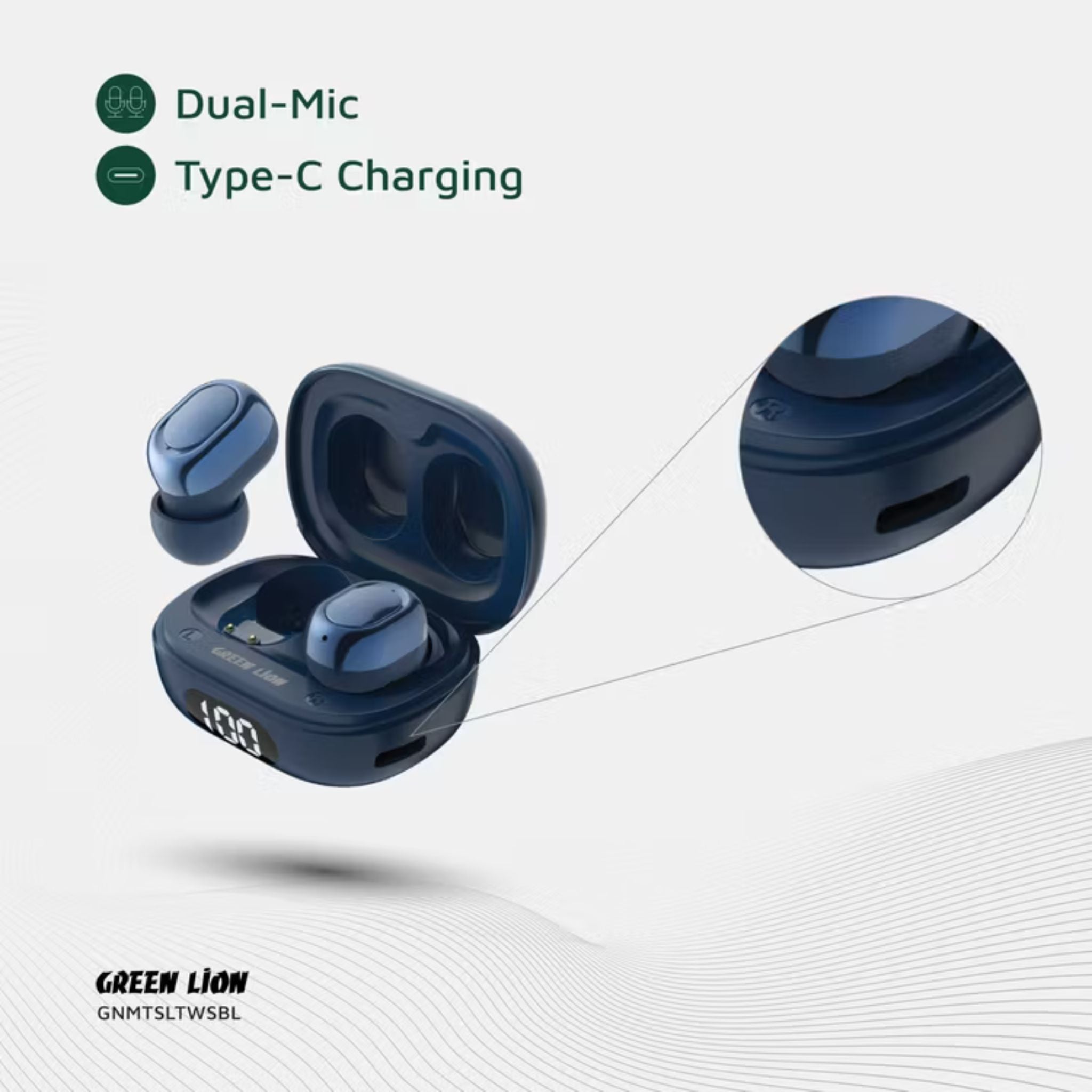 Green Lion Mittersill True Wireless Earbuds with ENC, Up to 6 Hours Playtime, IPX5 Waterproof Resistance Level, Bluetooth Version 5.4, Up to 10m Transmission Range, Type-C Charging Port, Dual-Microphone, Strap Included