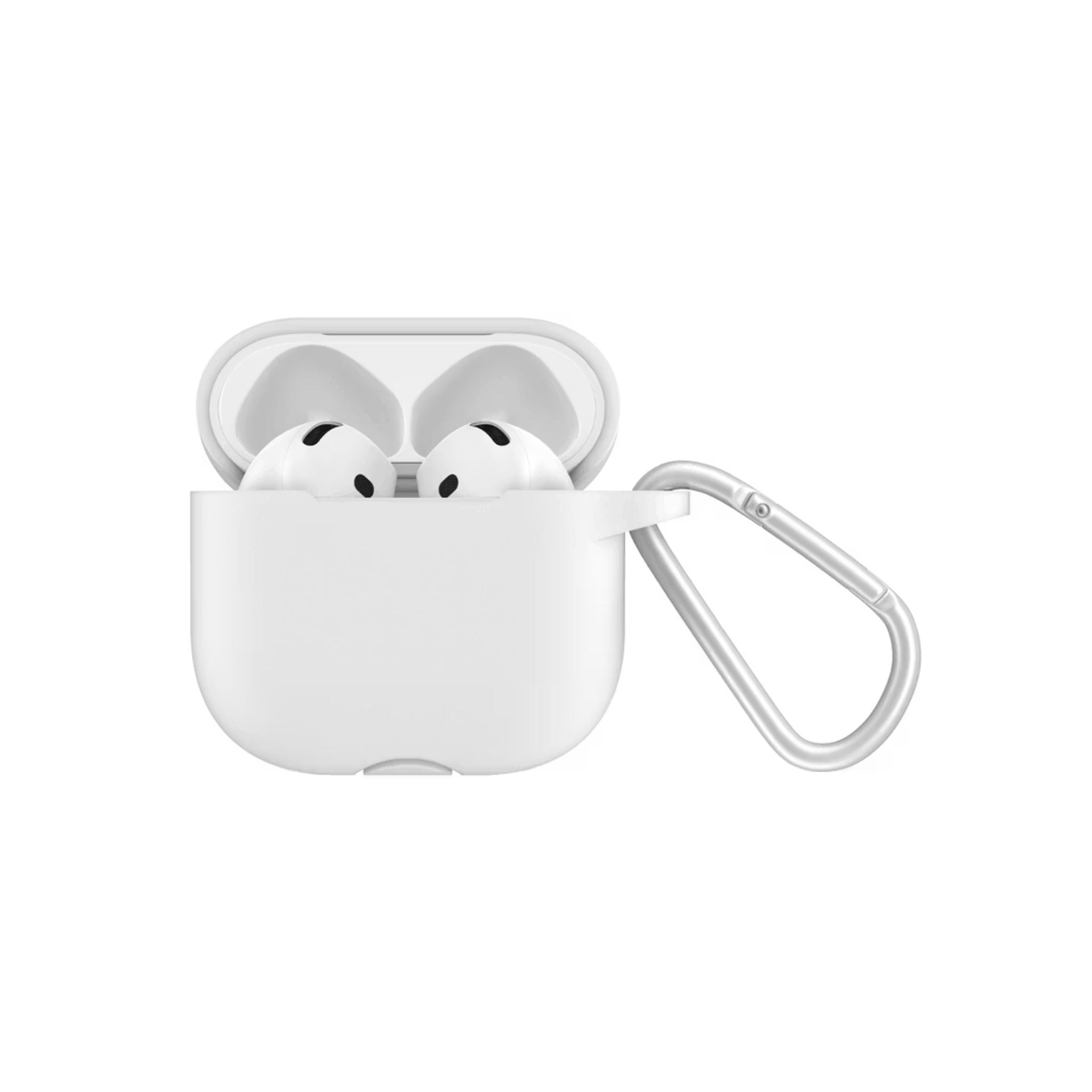 White wireless earbuds in a case with a carabiner on a white background