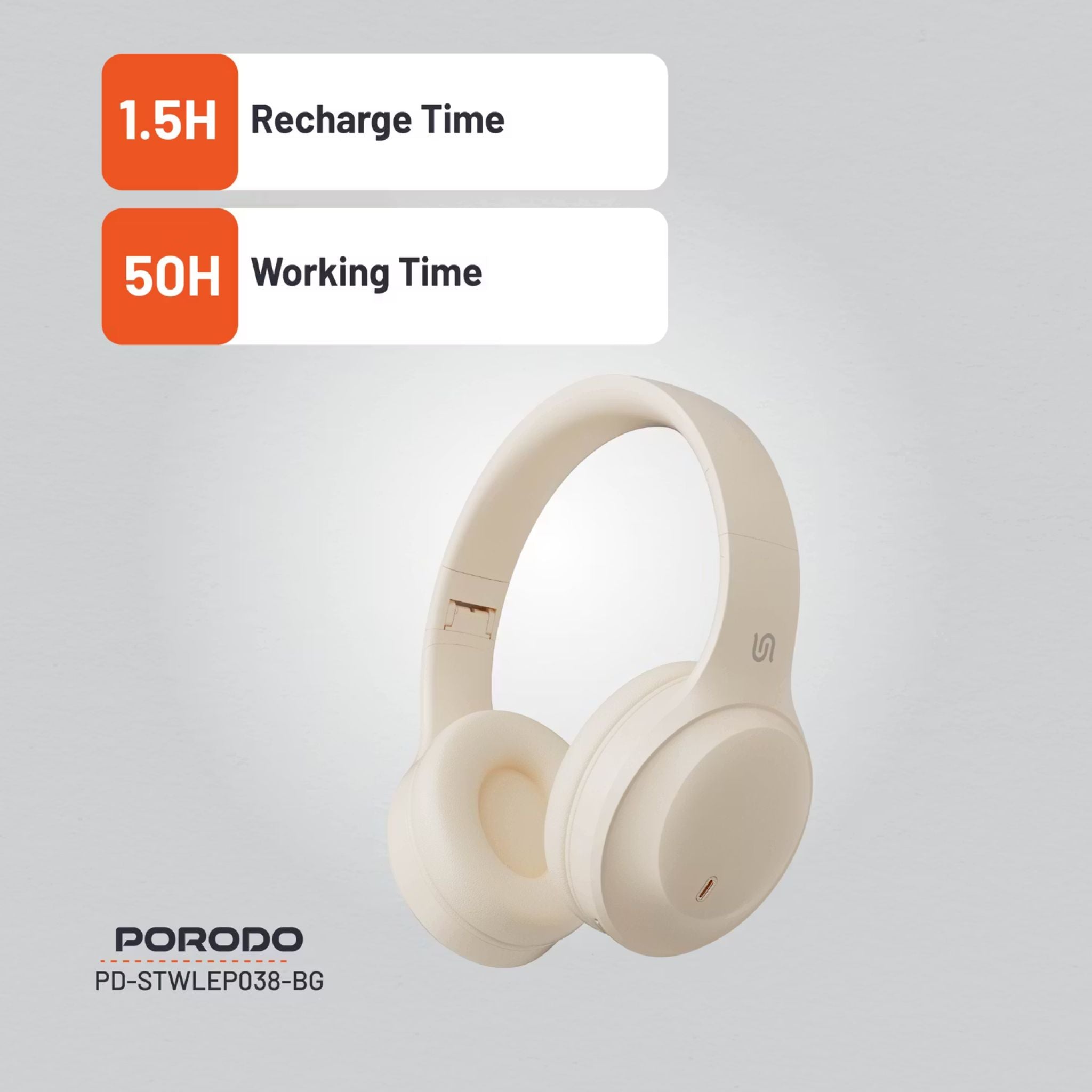 Porodo Soundtec Wireless Headphones with ENC & Low-Latency Gaming Mode, 400mAh Battery Capacity, 1.5 Hours Charging Time, 50 Hours Working Time, Type C Charging Port, Bluetooth Version 5.4, Voice Assistant - Beige