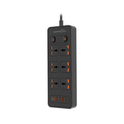 Black power strip with multiple outlets on a white background