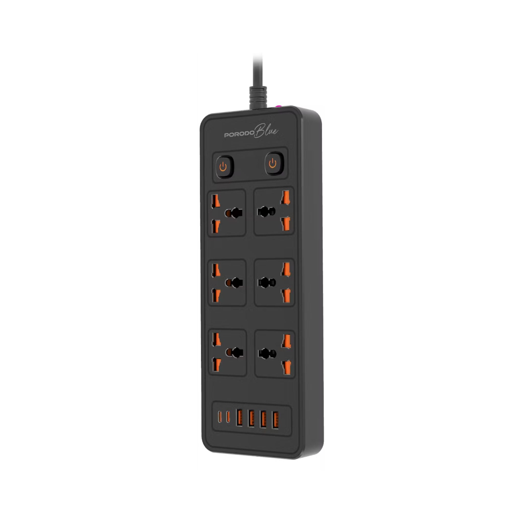 Porodo 6 AC Sockets Power Strip with ×4 USB-A & ×2 USB-C Ports, 3000W Rated Power, Premium Material, 3m Cable Length, UK 3-Pin Power Plug, Dual Power Switch Control, Safety Shutter, 13A Maximum Current - Black