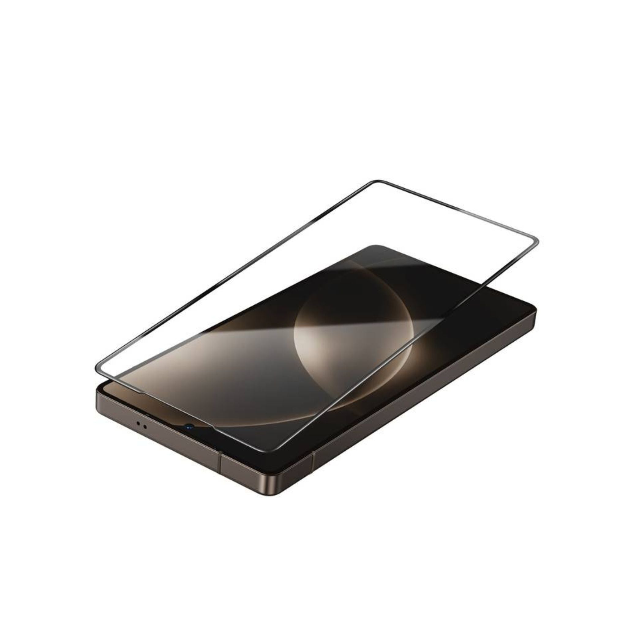 A clear glass screen protector for the Samsung Galaxy S25 Ultra, displayed on a black smartphone mockup.
