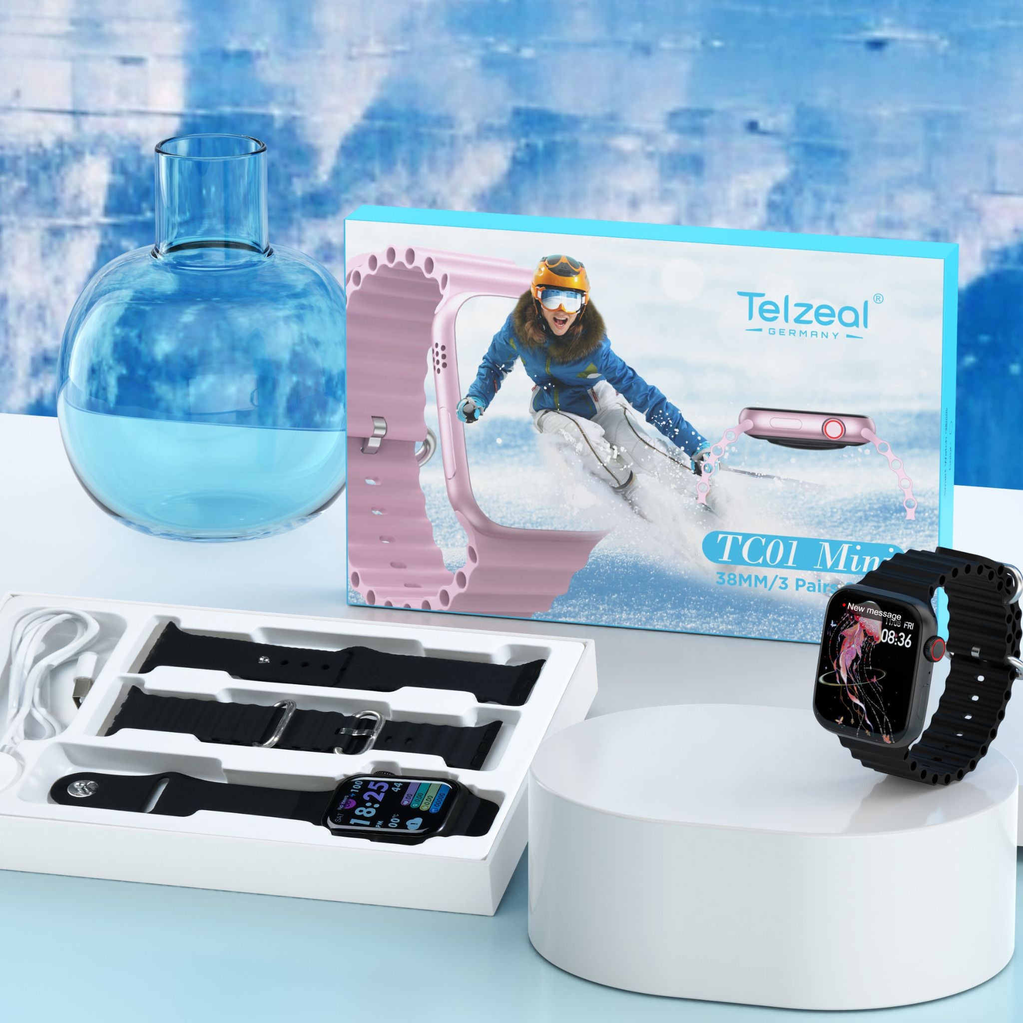 Telzeal Germany TC01 Mini Smart Watch with 38mm HD Touch Display, Includes 3 Interchangeable Straps, Bluetooth Calling, Health Monitoring, Notifications, Sports Modes, Stylish Compact Design, Long Battery Life – Black
