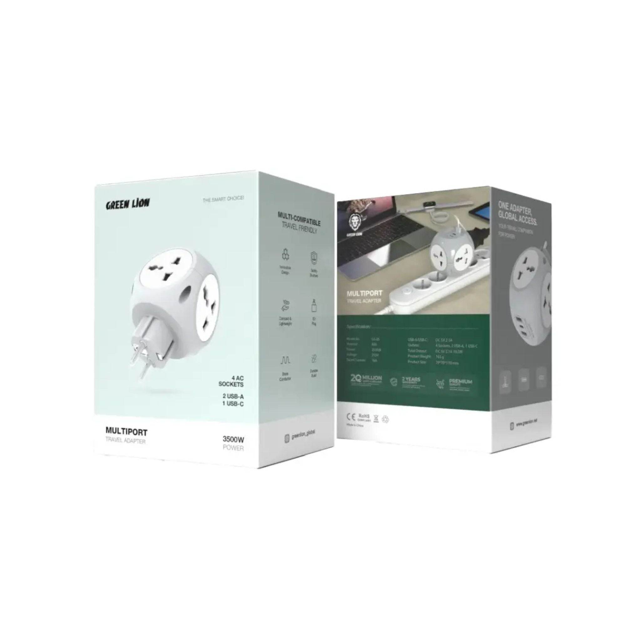 Green Lion Multiport Travel Adapter EU, Compact & Lightweight, 3500 W Power Delivery, Brass Conductor, Innovative Design, Safety Shutters - White