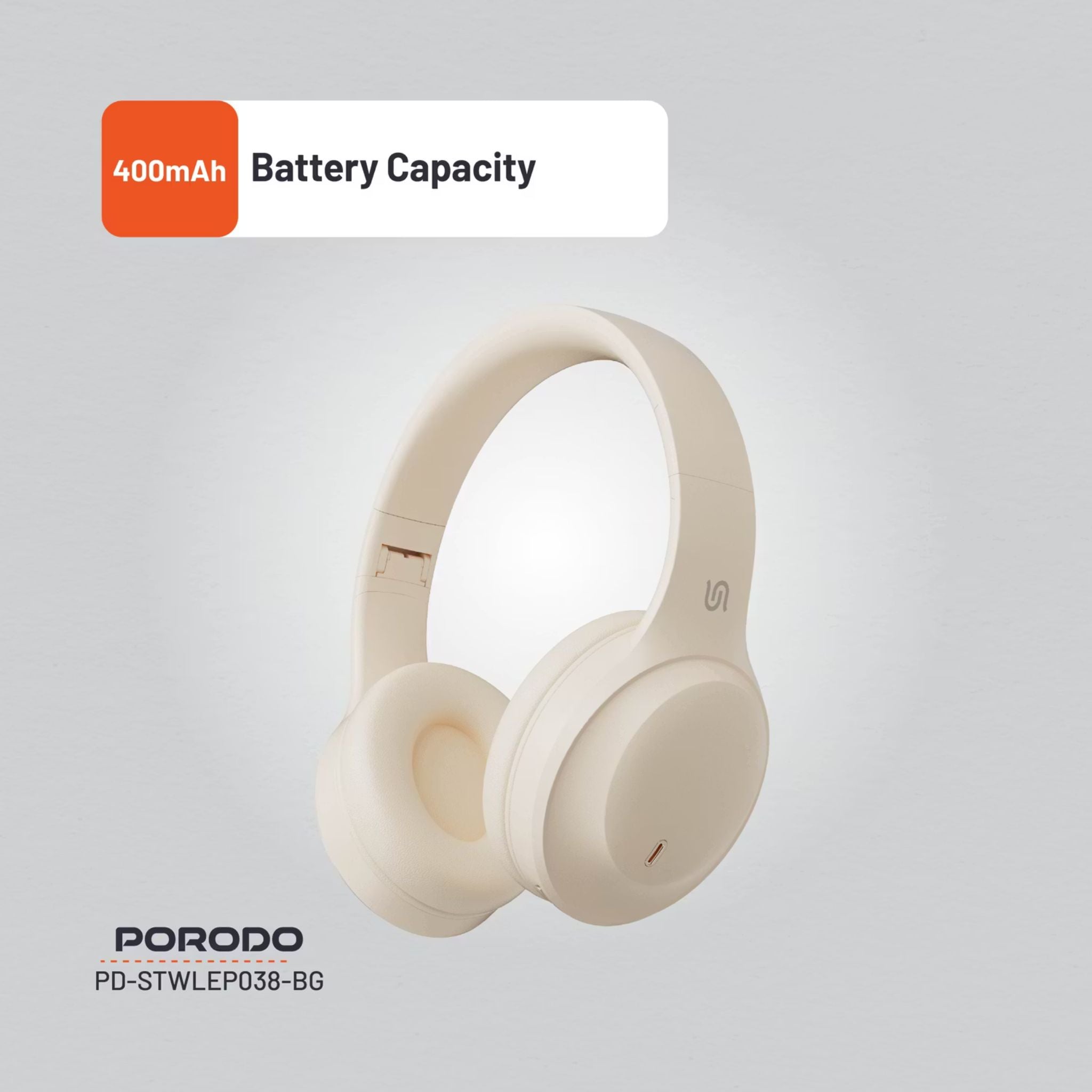 Porodo Soundtec Wireless Headphones with ENC & Low-Latency Gaming Mode, 400mAh Battery Capacity, 1.5 Hours Charging Time, 50 Hours Working Time, Type C Charging Port, Bluetooth Version 5.4, Voice Assistant - Beige
