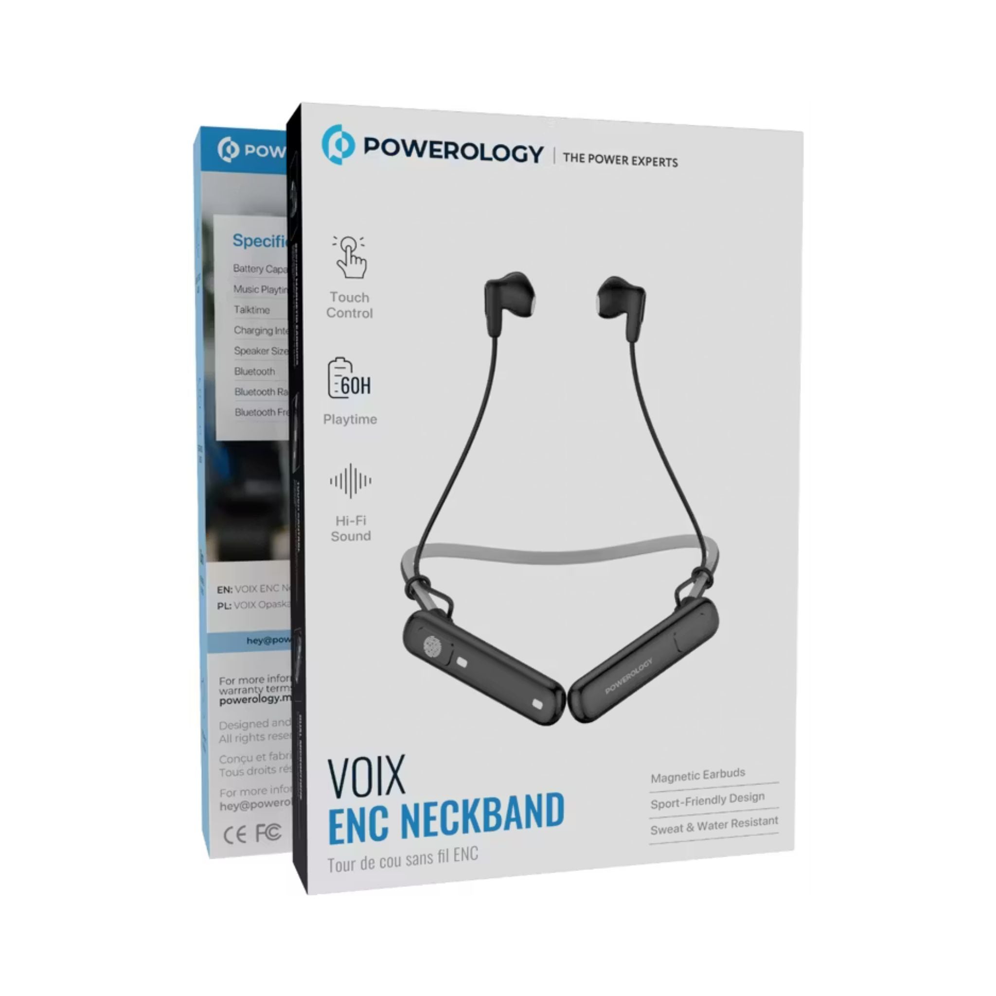 Powerology Voix ENC Neckband Earphones with Dual Microphone, 10mm Speakers, 500mAh Battery, Low Latency Audio, Secure Magnetic Earbuds, Hi-Fi Sound, Sweat & Water Resistant, Up to 60 Hours Play & Talk Time - Black