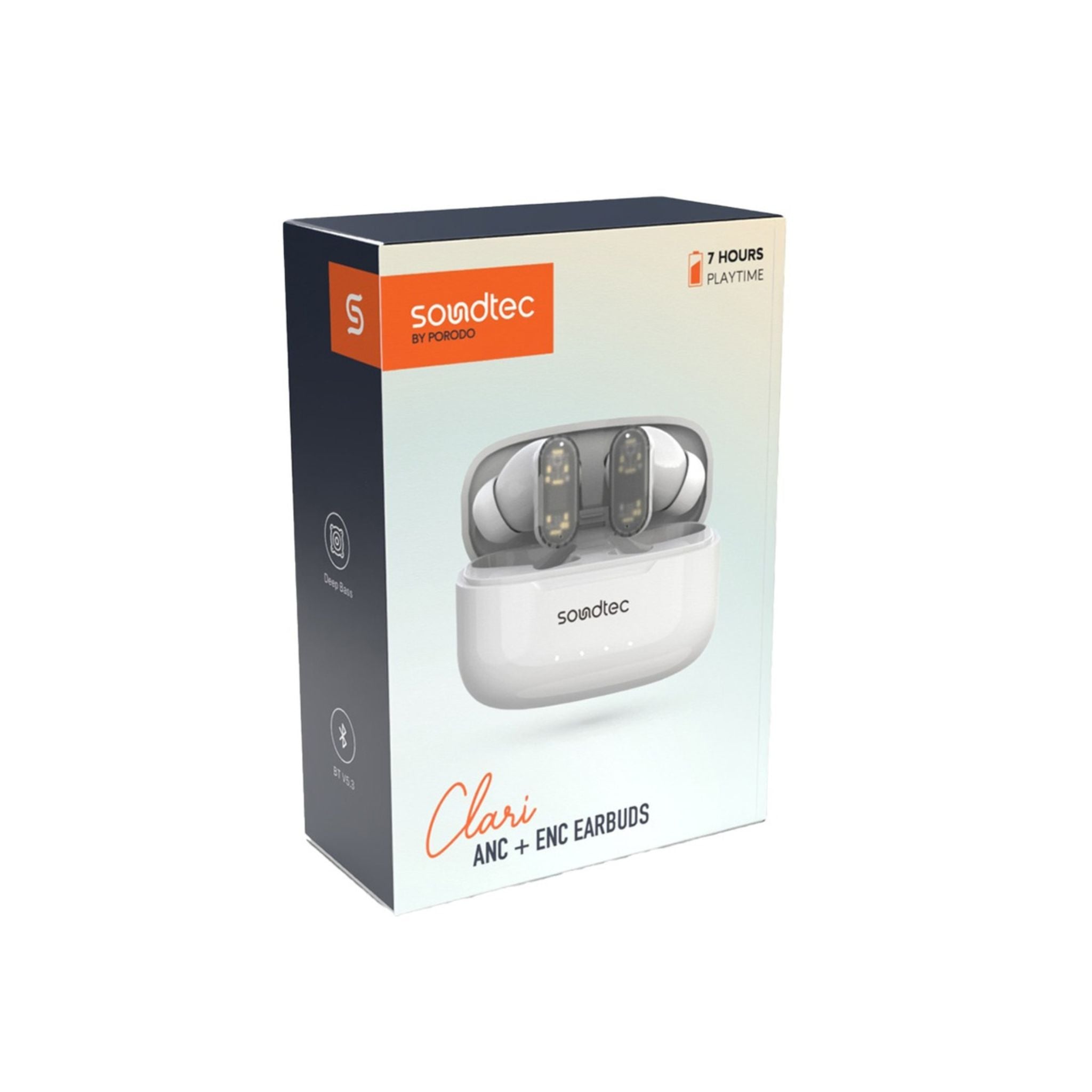 Porodo Soundtec ANC & ENC TWS Earphone with Transparent Earbuds, BT V5.3, Deep Bass, Touch Controls, 7H Playtime, 1.5H Charging Time, 20H Standby Time, for Gym, Running, Cycling-White