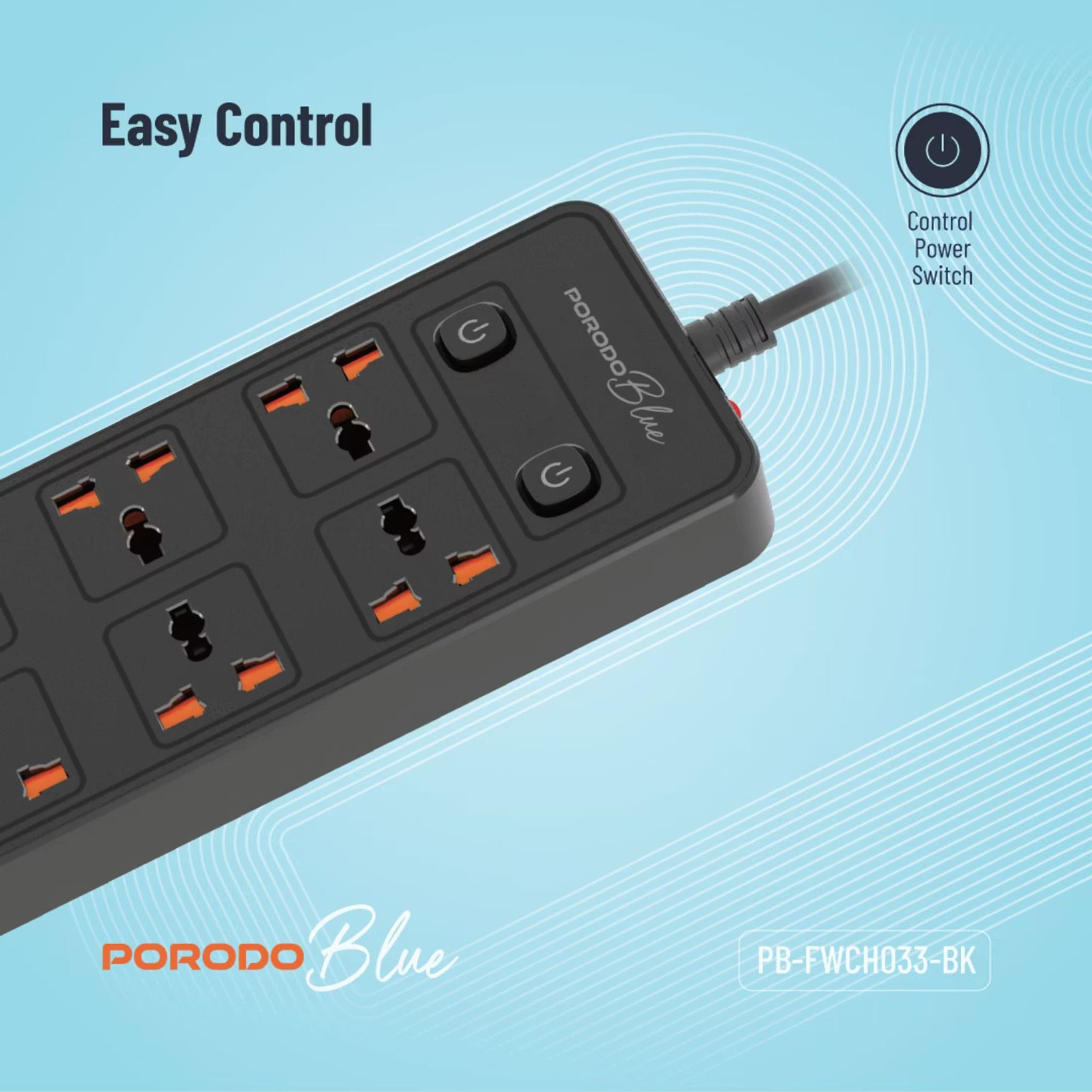 Porodo 6 AC Sockets Power Strip with ×4 USB-A & ×2 USB-C Ports, 3000W Rated Power, Premium Material, 3m Cable Length, UK 3-Pin Power Plug, Dual Power Switch Control, Safety Shutter, 13A Maximum Current - Black