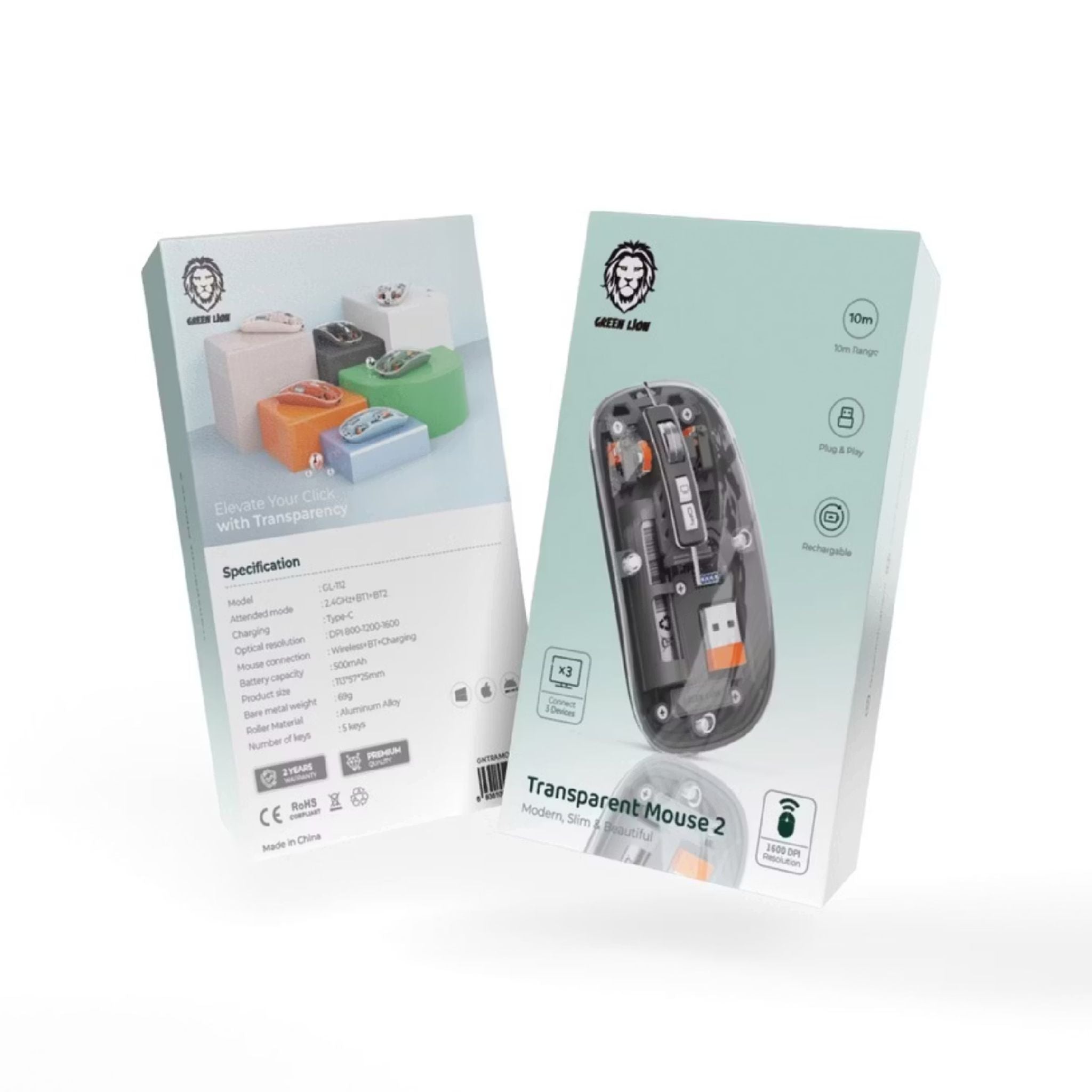 Green Lion Transparent Wireless Mouse 2 with 5 Keys, Connects to Up to 3 Devices Simultaneously, 500mAh Rechargeable Battery, 10m Distance Range, Plug & Play - Gray