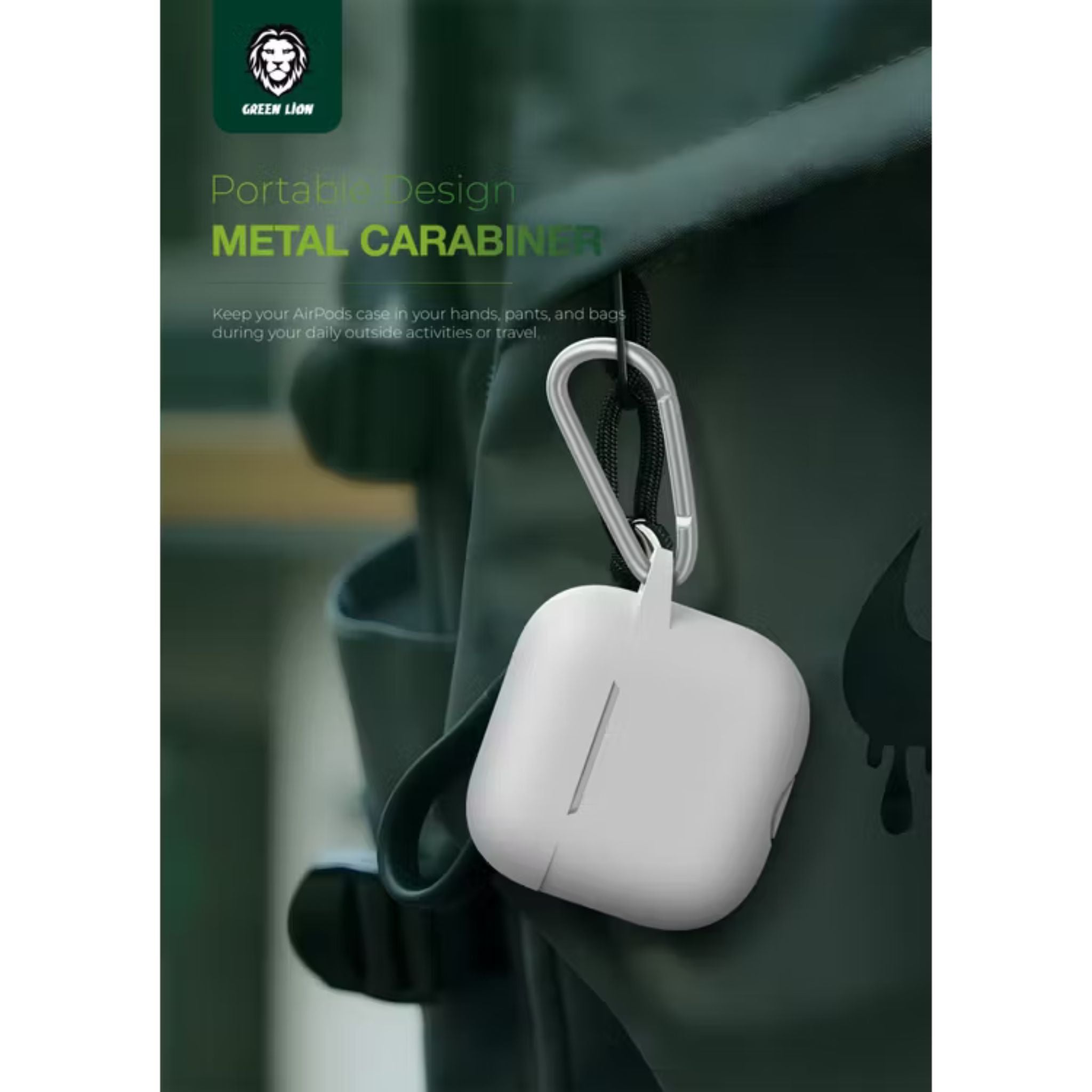 Green Lion Berlin Series Silicone Case for Airpods 4, Metal Carabiner, 360° Full Protection, Shock Absorbent, Skin Friendly Silicone, Washable Material - White
