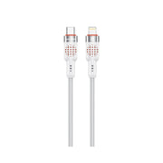 A white Porodo aluminum braided cable with a USB-C connector on one end and a Lightning connector on the other, designed for charging and data transfer.