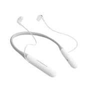 White neckband headphones on a white background