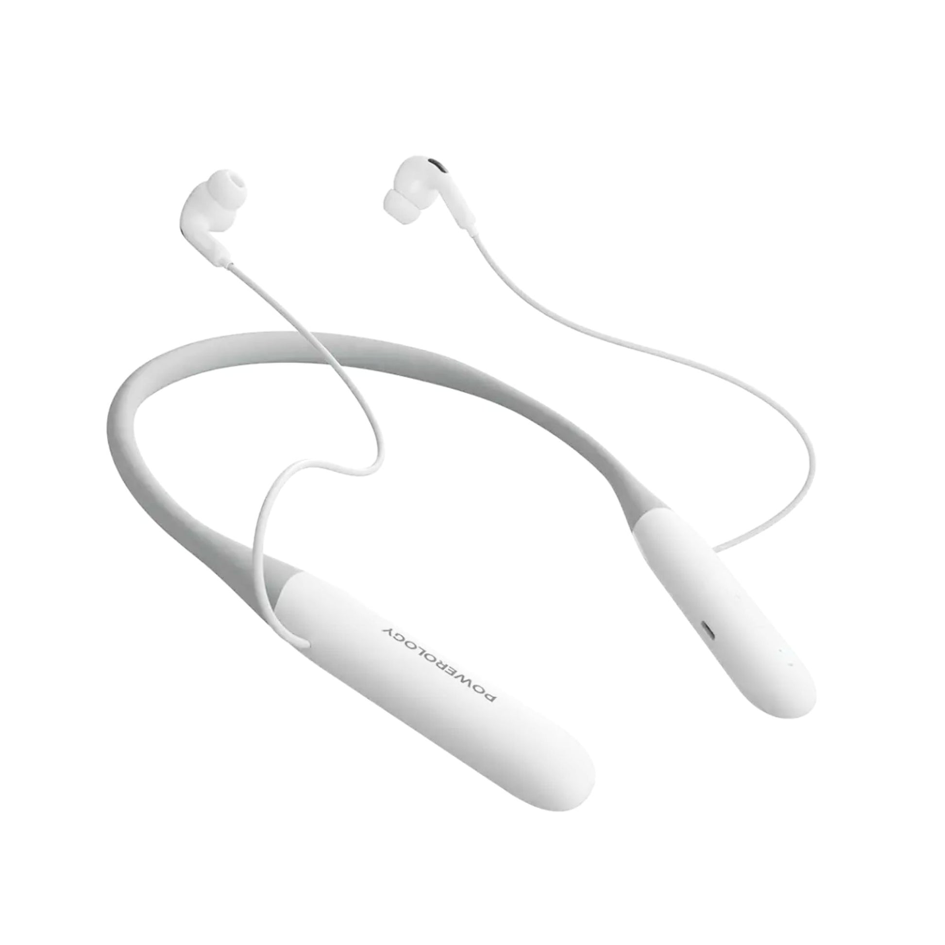 White neckband headphones on a white background