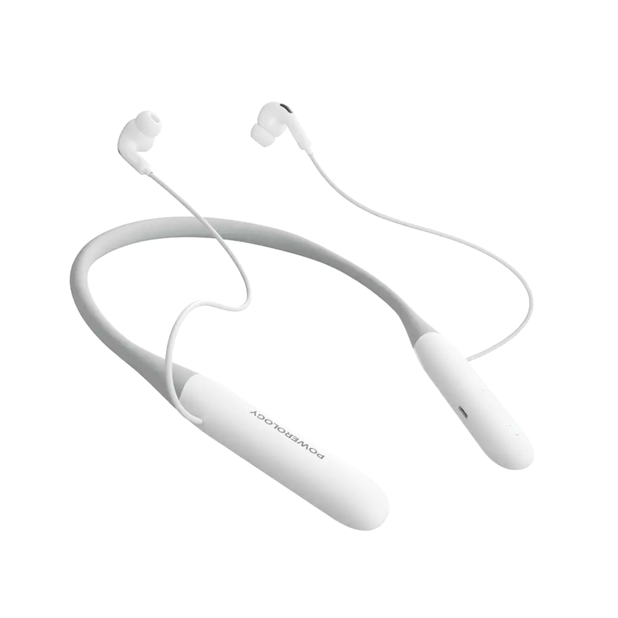 White neckband headphones on a white background
