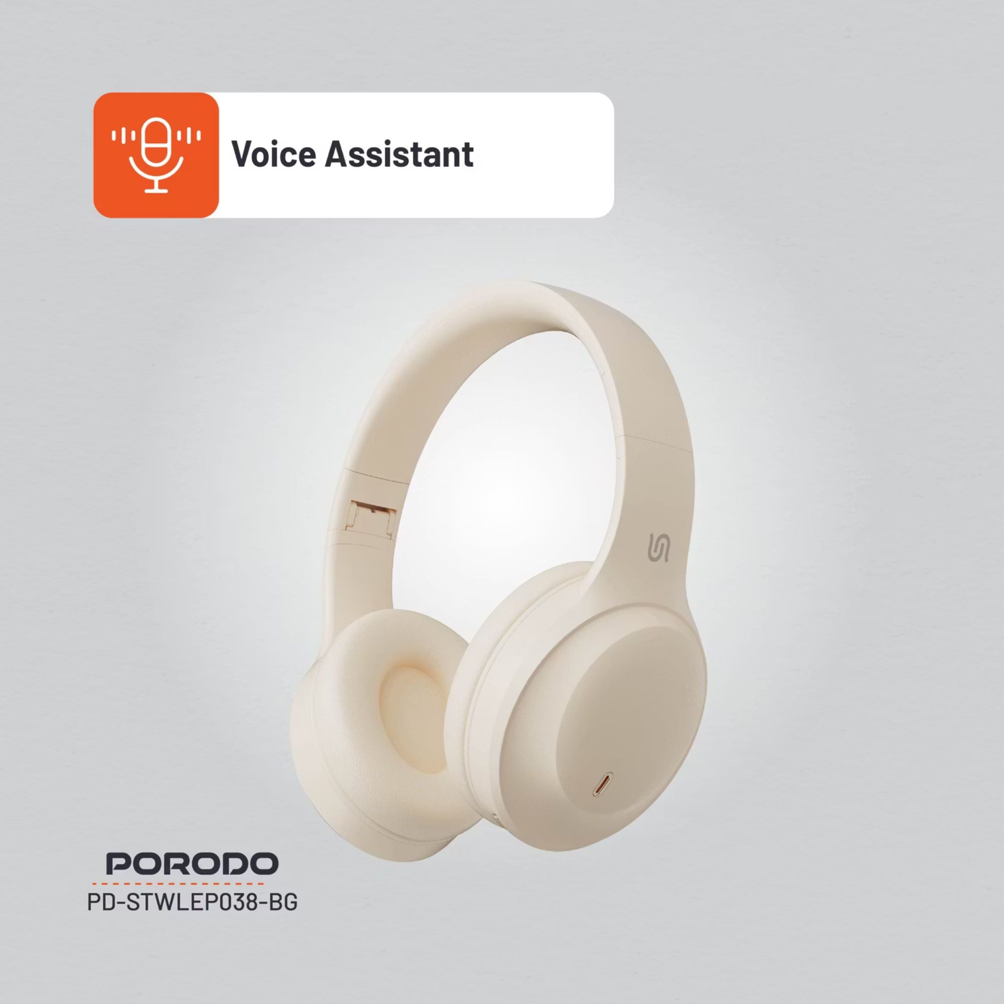 Porodo Soundtec Wireless Headphones with ENC & Low-Latency Gaming Mode, 400mAh Battery Capacity, 1.5 Hours Charging Time, 50 Hours Working Time, Type C Charging Port, Bluetooth Version 5.4, Voice Assistant - Beige