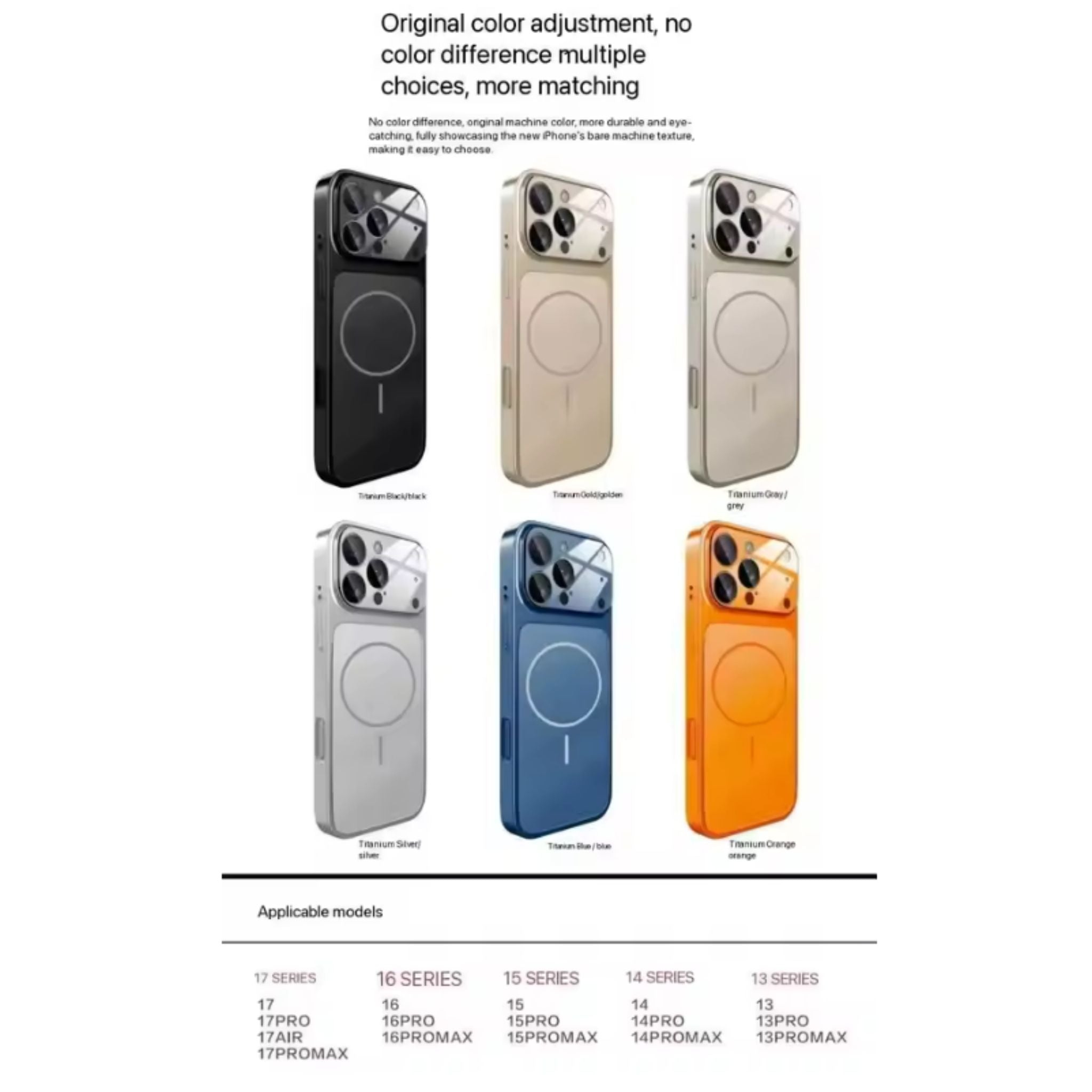 Five different colored phone cases displayed on a white background with text.