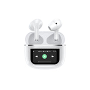 A pair of white Porodo Soundtec Wonder in-ear earphones with a touch screen on the charging case.
