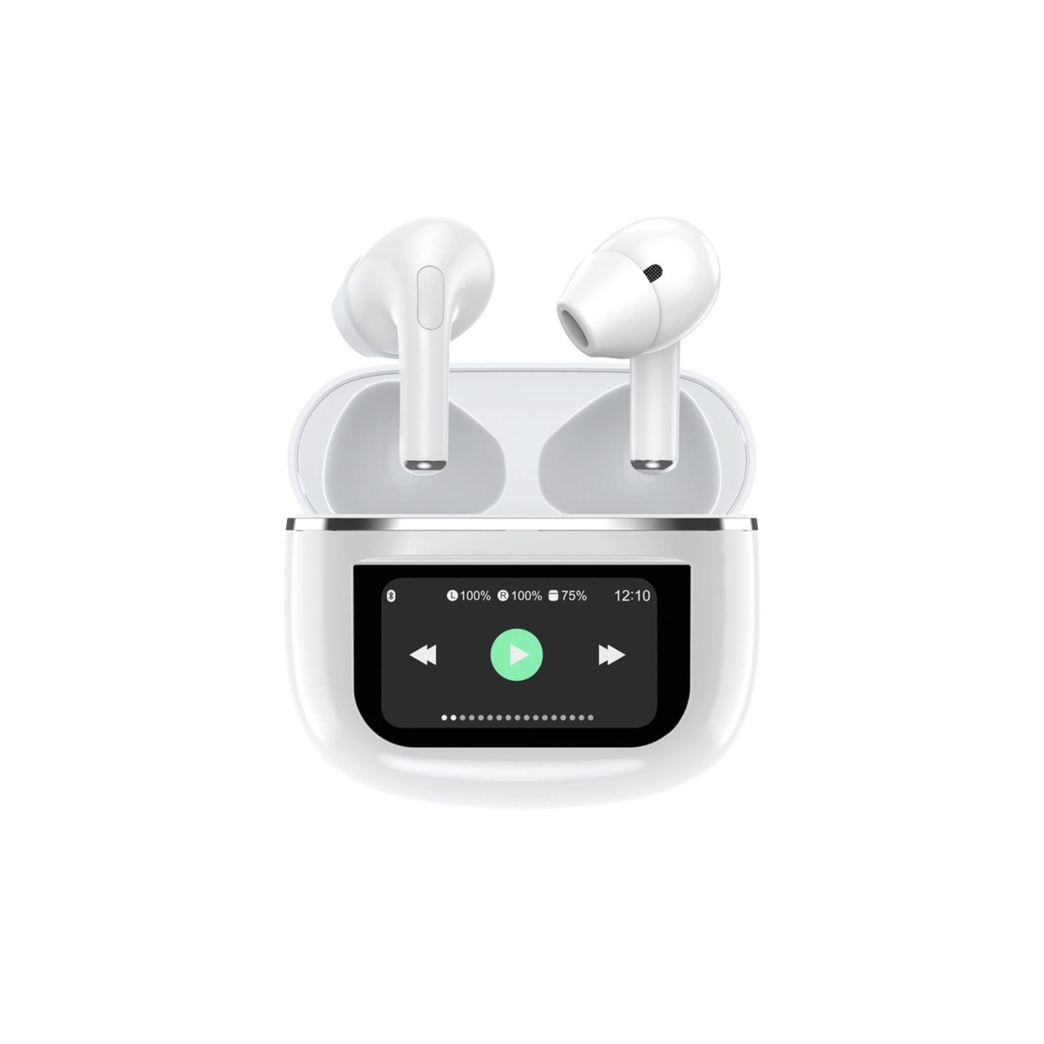 A pair of white Porodo Soundtec Wonder in-ear earphones with a touch screen on the charging case.