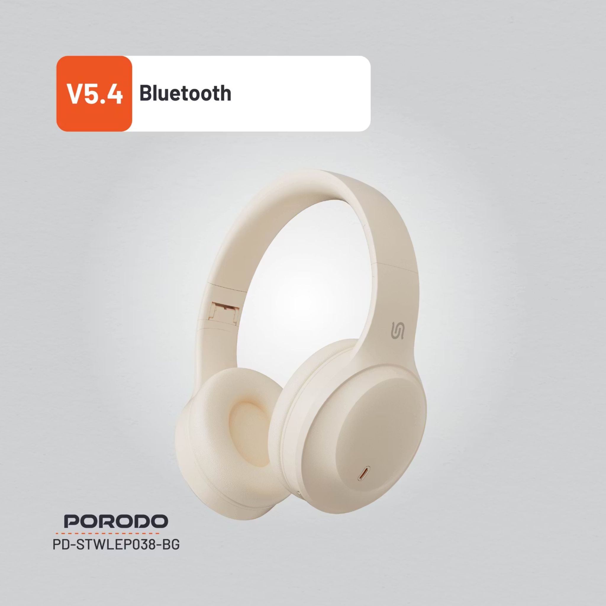 Porodo Soundtec Wireless Headphones with ENC & Low-Latency Gaming Mode, 400mAh Battery Capacity, 1.5 Hours Charging Time, 50 Hours Working Time, Type C Charging Port, Bluetooth Version 5.4, Voice Assistant - Beige
