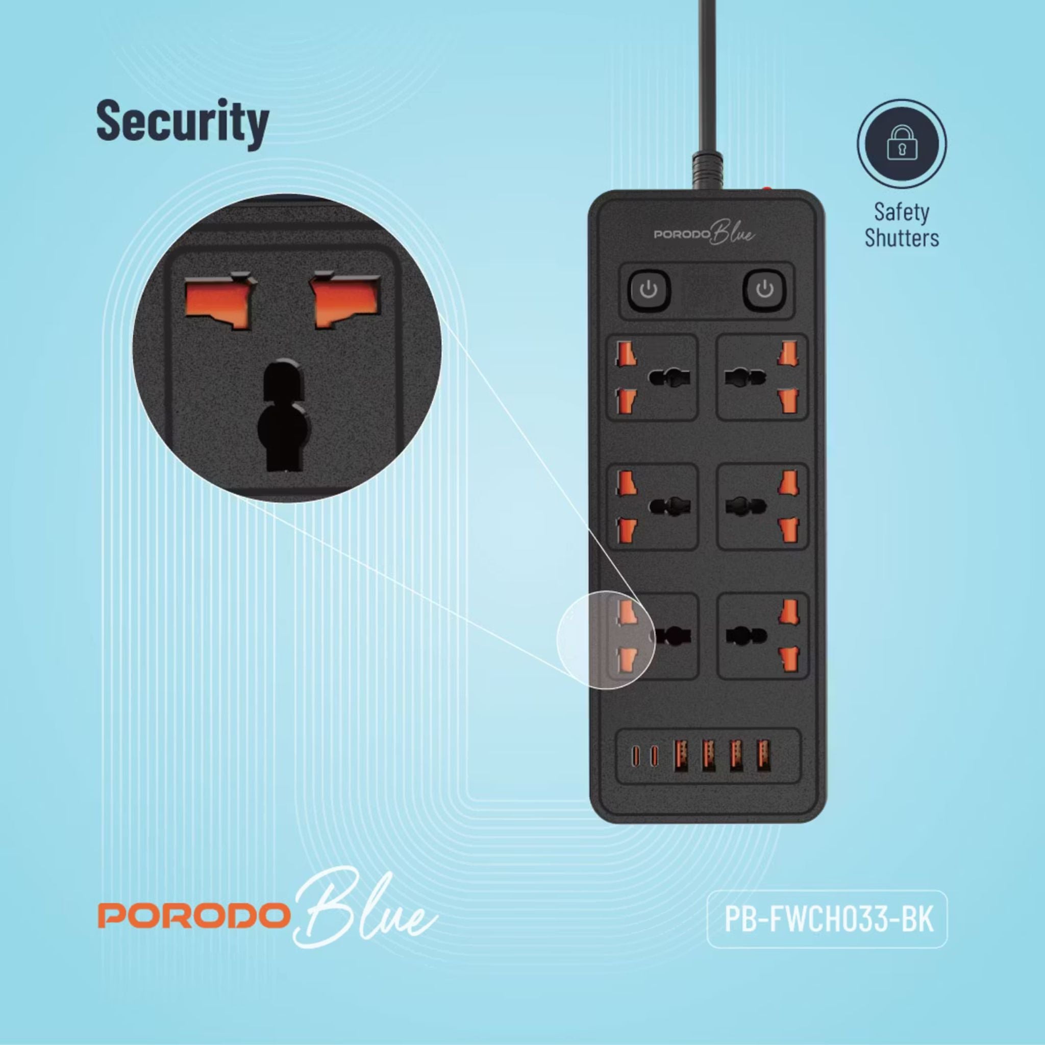 Porodo 6 AC Sockets Power Strip with ×4 USB-A & ×2 USB-C Ports, 3000W Rated Power, Premium Material, 3m Cable Length, UK 3-Pin Power Plug, Dual Power Switch Control, Safety Shutter, 13A Maximum Current - Black