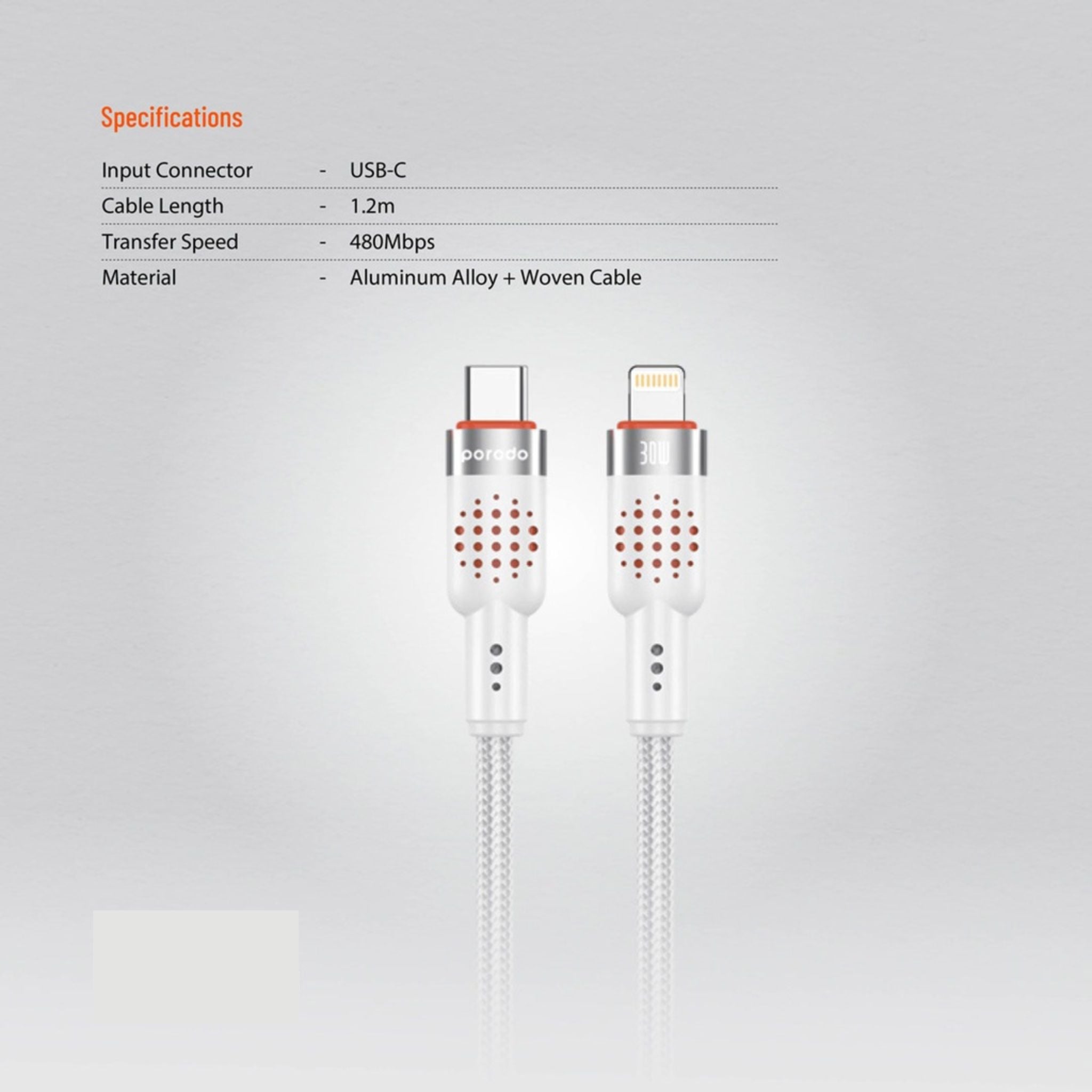 Porodo Braided Type-C to Lightning Cable with 30W Power Delivery, 1.2m Cable Length, 480Mbps Transfer Speed, More than 15,000 Bends Lifespan, Tangle-Free Design - White