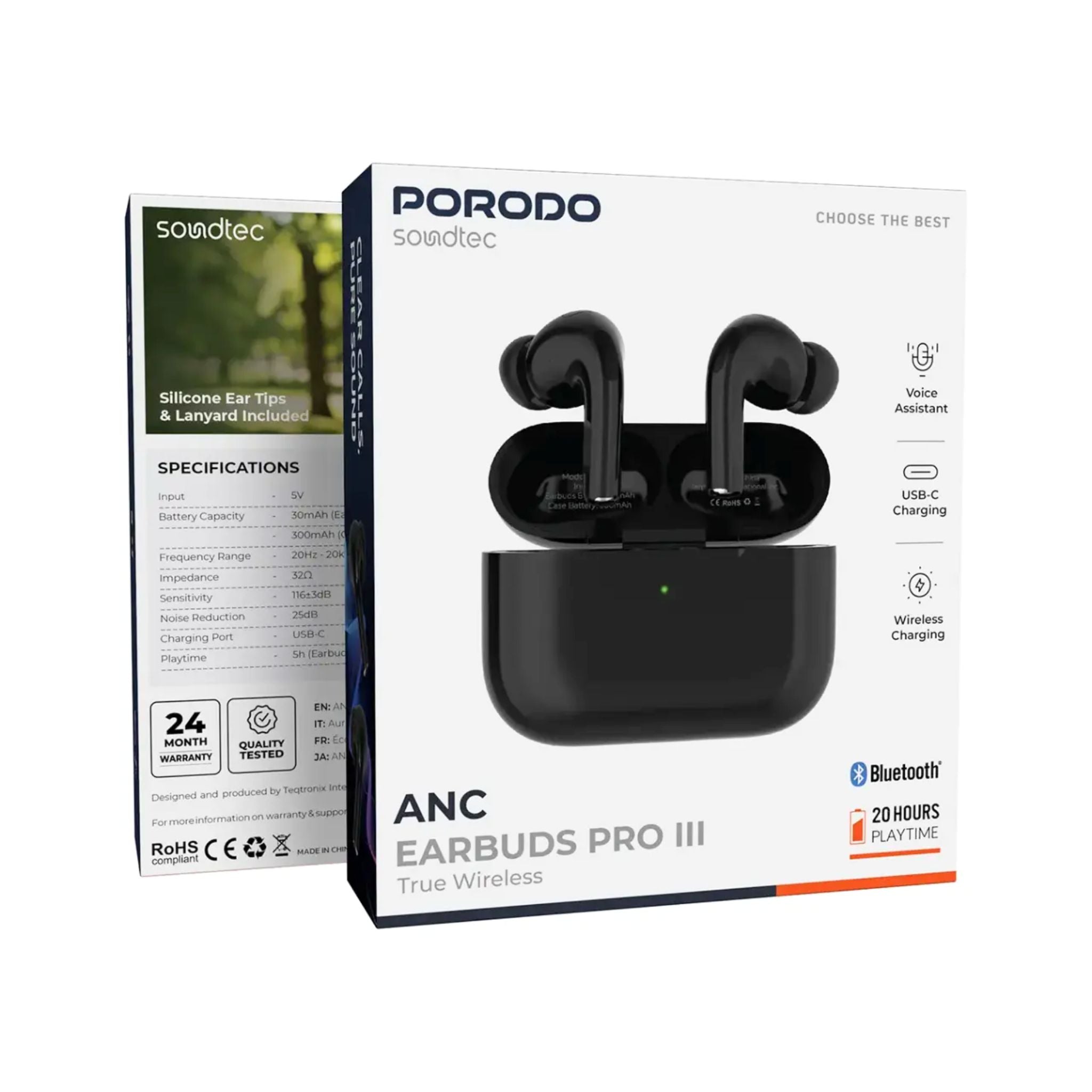 Porodo Soundtec ANC Earbuds Pro III True Wireless Bluetooth 5.4, Active Noise Cancellation 25dB, IPX4 Water Resistant, USB-C & Wireless Charging, 25m Range, 20H Total Playtime